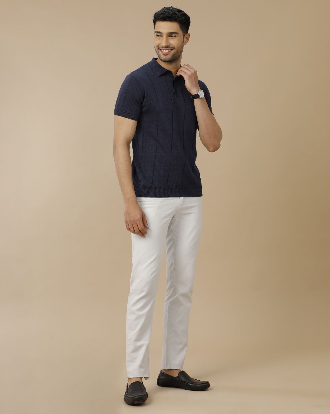 Men's Premium Blended Linen Navy Blue Striped Contemporary Fit Half Sleeve Polo Neck Casual T-Shirt