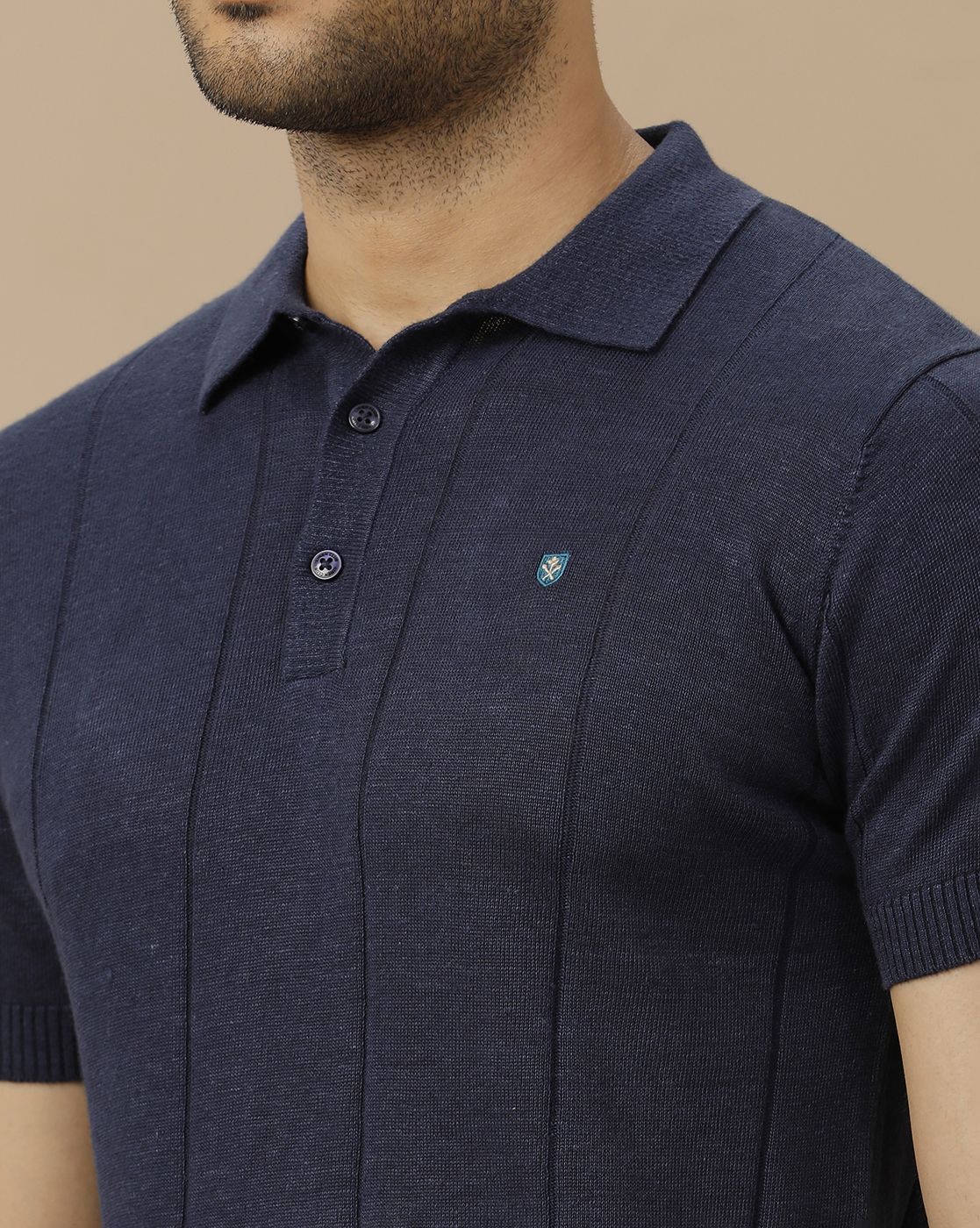 Men's Premium Blended Linen Navy Blue Striped Contemporary Fit Half Sleeve Polo Neck Casual T-Shirt