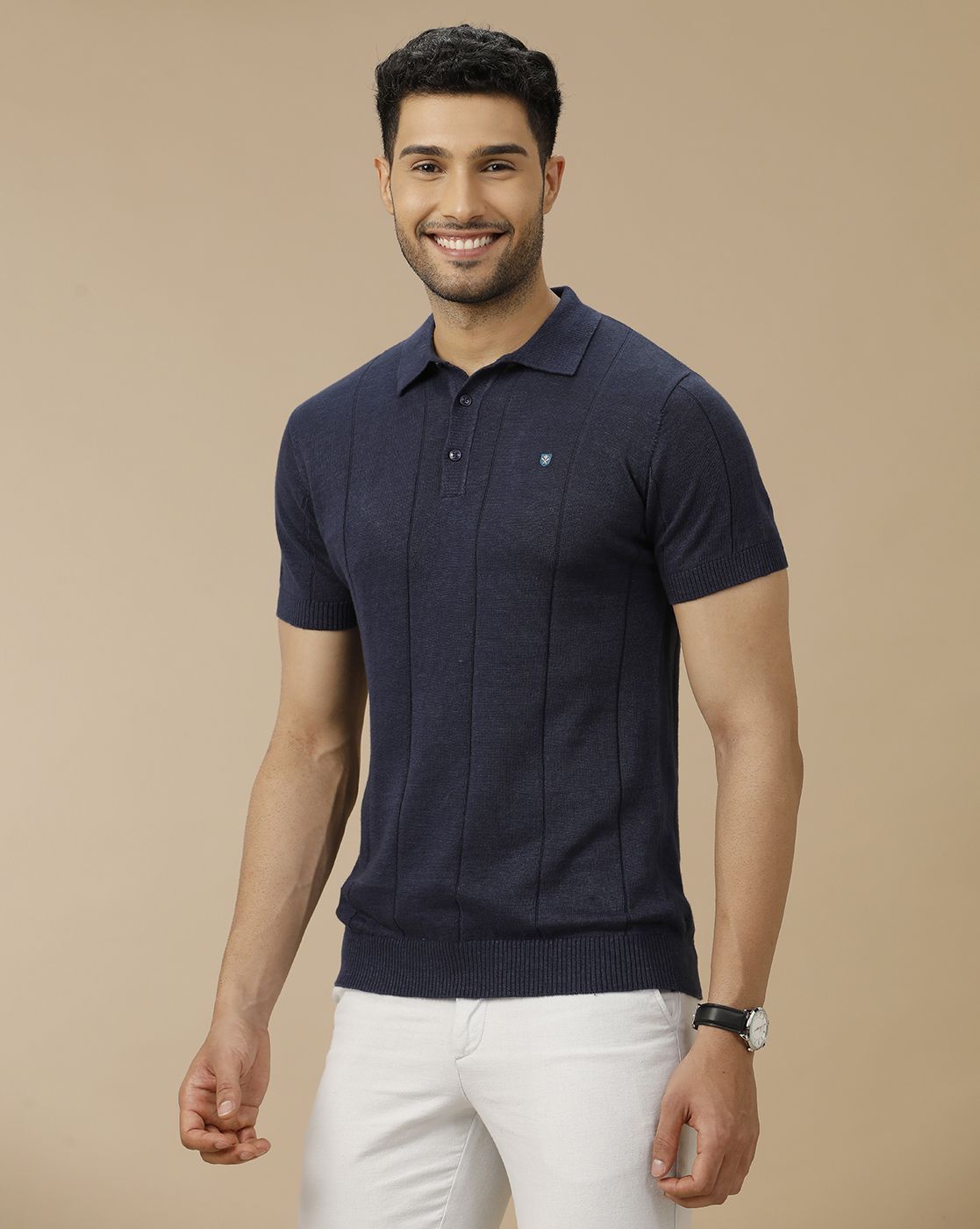 Men's Premium Blended Linen Navy Blue Striped Contemporary Fit Half Sleeve Polo Neck Casual T-Shirt