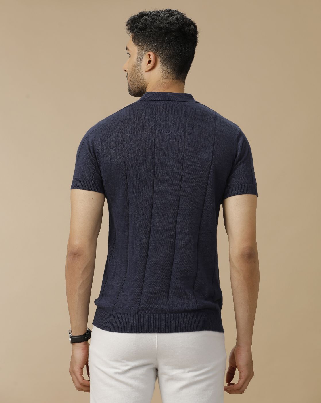 Men's Premium Blended Linen Navy Blue Striped Contemporary Fit Half Sleeve Polo Neck Casual T-Shirt