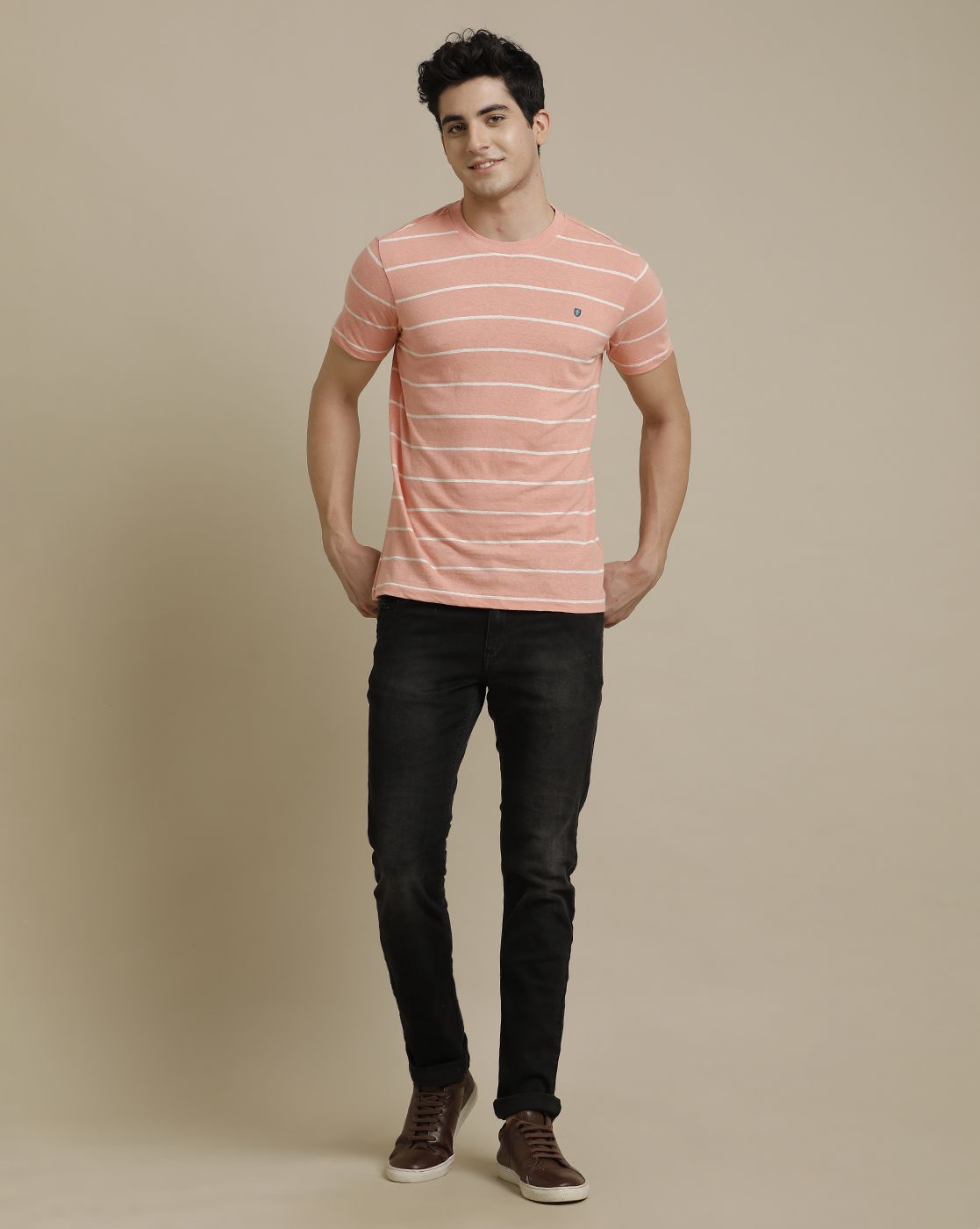 Linen Club Circular Knit Crew Neck Pink Striped Half Sleeve T-shirt for Men