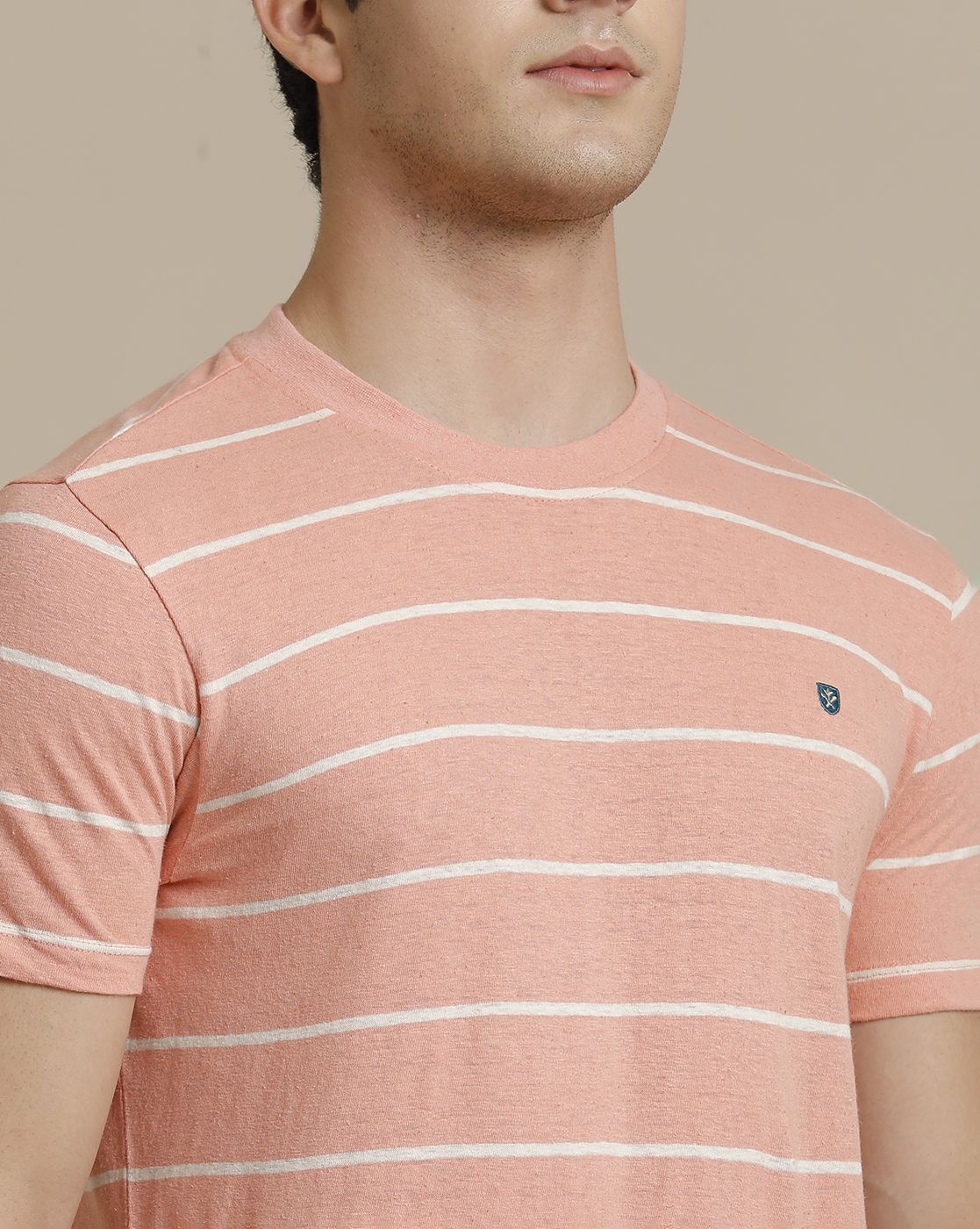 Linen Club Circular Knit Crew Neck Pink Striped Half Sleeve T-shirt for Men