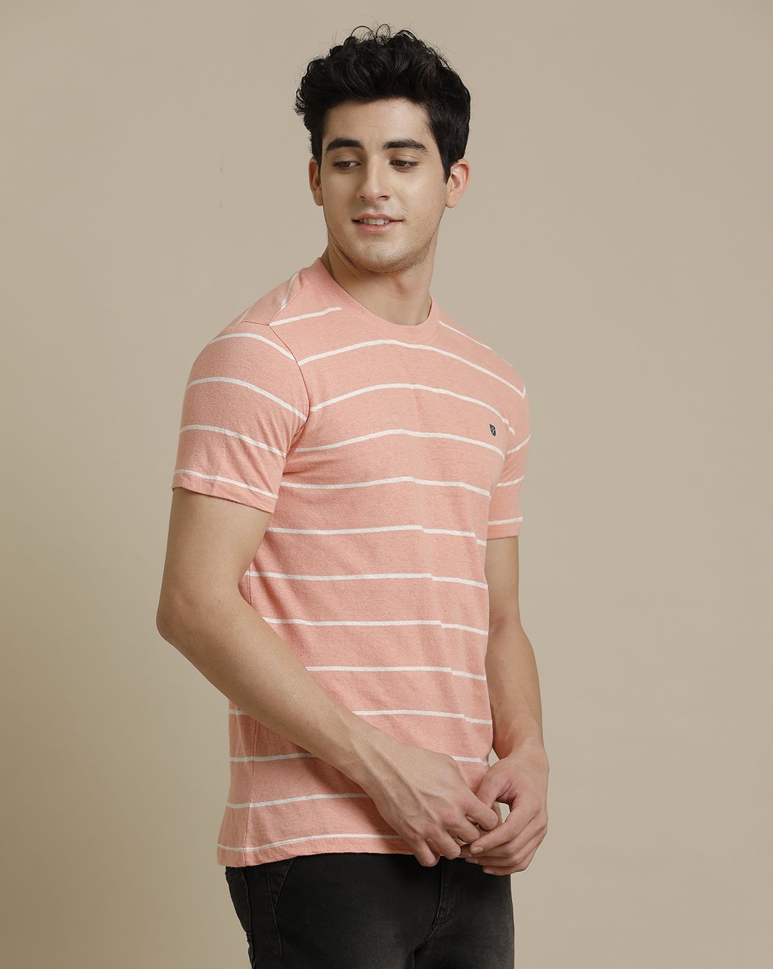 Linen Club Circular Knit Crew Neck Pink Striped Half Sleeve T-shirt for Men