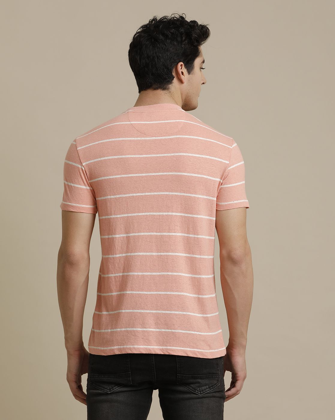 Linen Club Circular Knit Crew Neck Pink Striped Half Sleeve T-shirt for Men