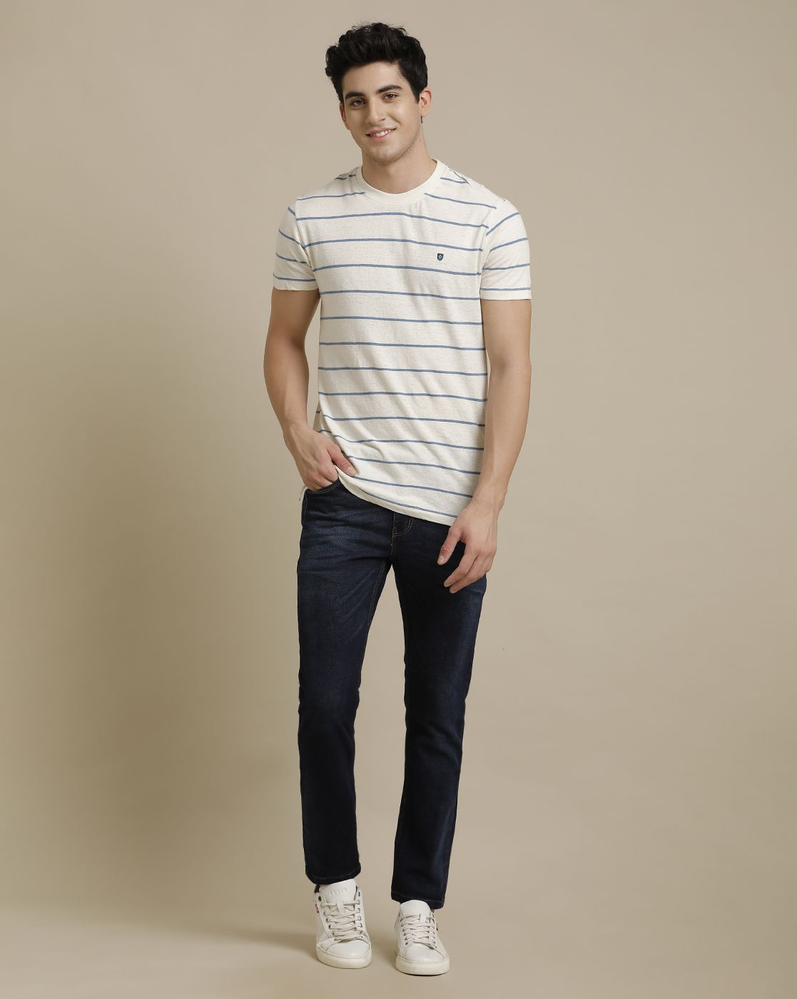 Linen Club Circular Knit Crew Neck Blue Striped Half Sleeve T-shirt for Men