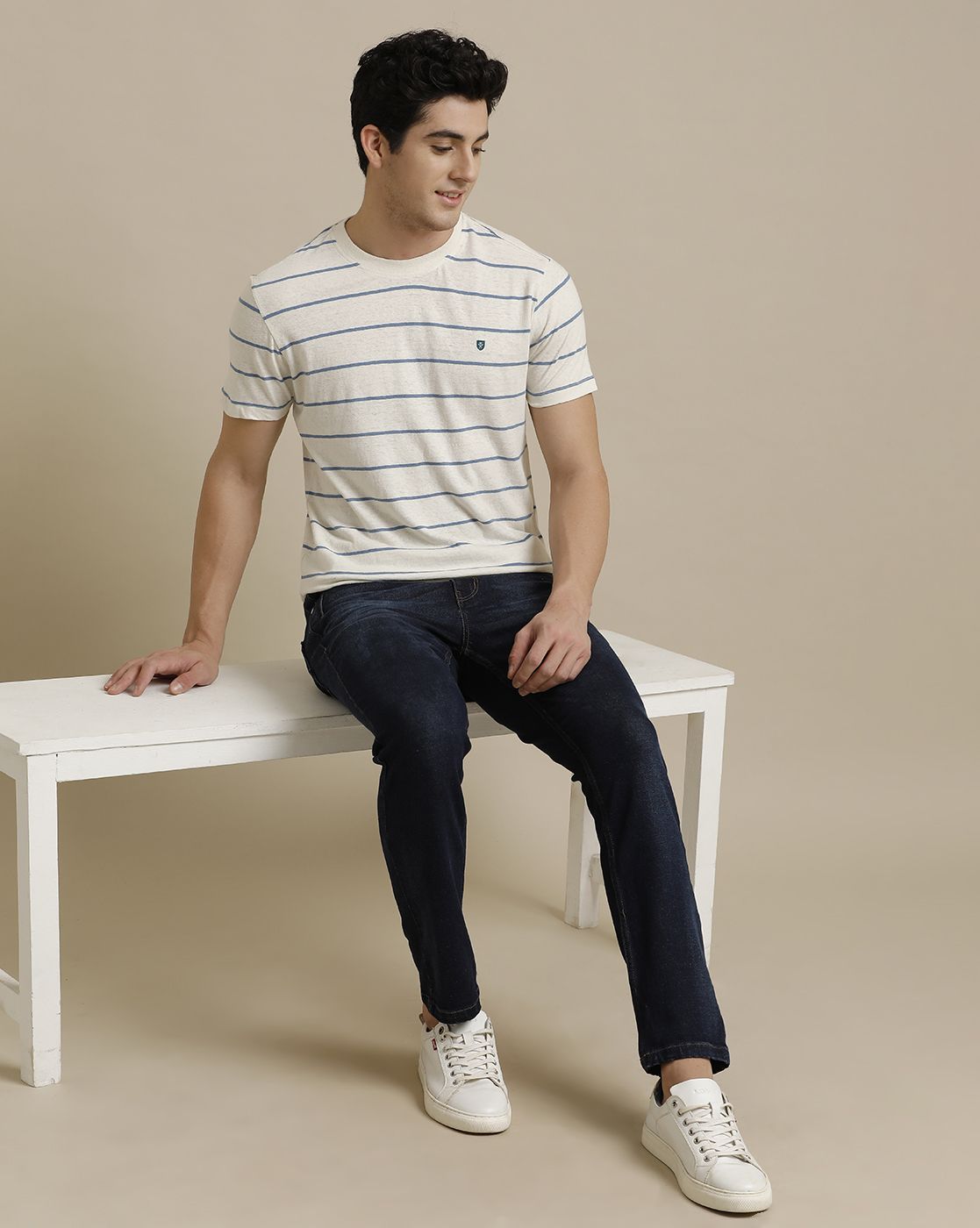 Linen Club Circular Knit Crew Neck Blue Striped Half Sleeve T-shirt for Men