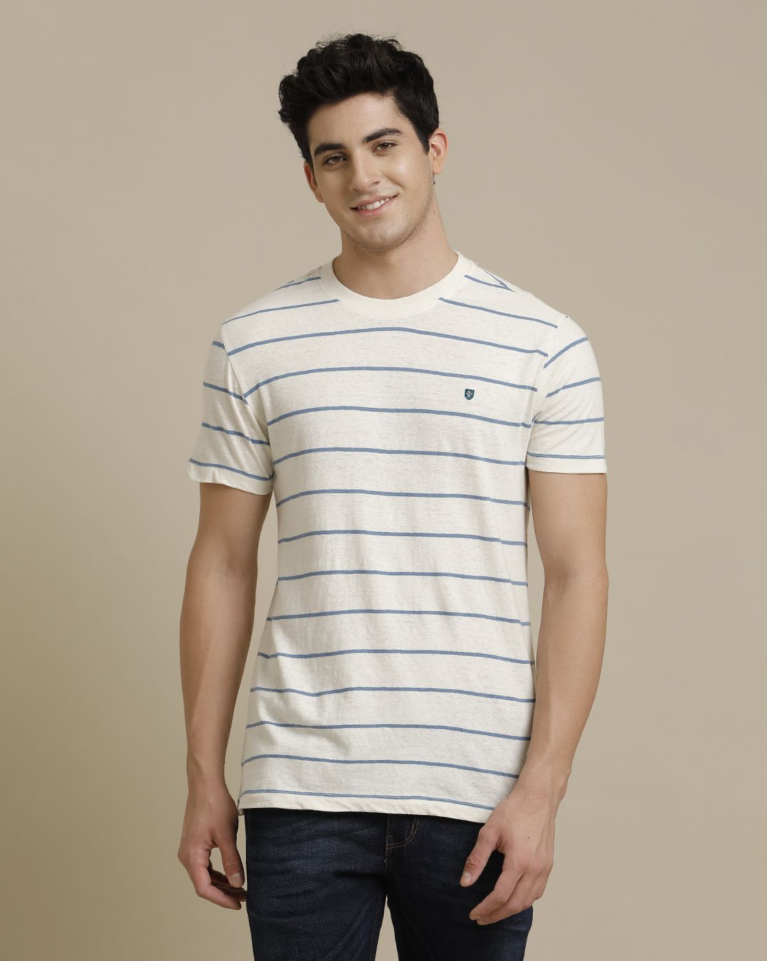 Linen Club Circular Knit Crew Neck Blue Striped Half Sleeve T-shirt for Men