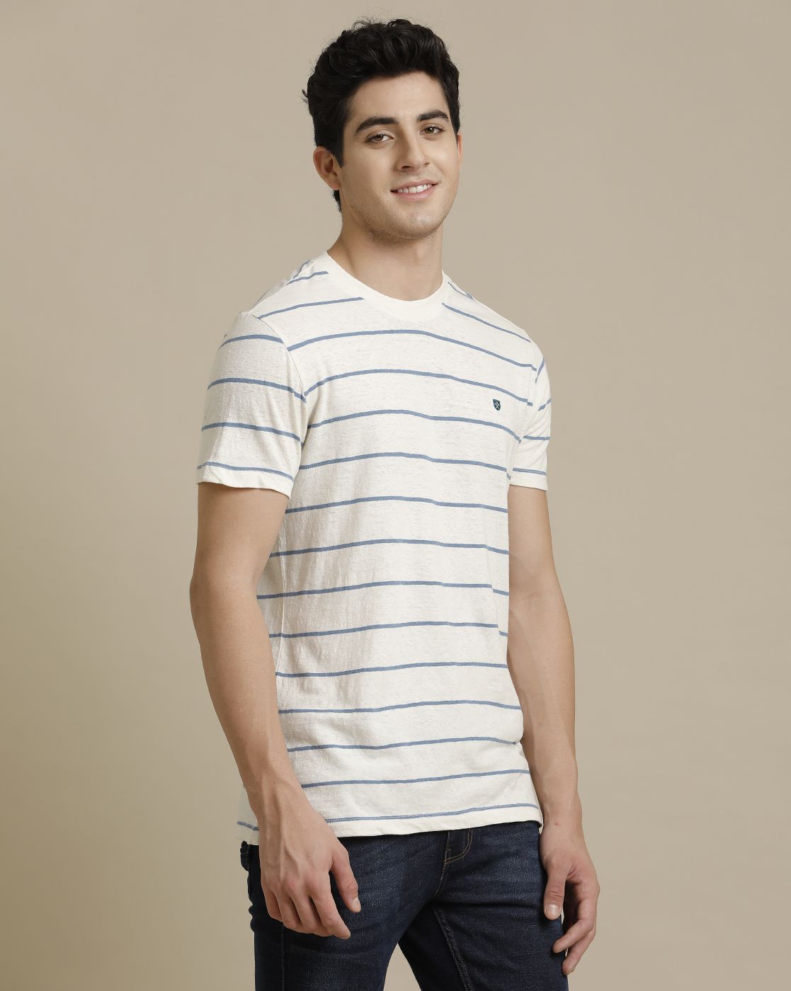 Linen Club Circular Knit Crew Neck Blue Striped Half Sleeve T-shirt for Men