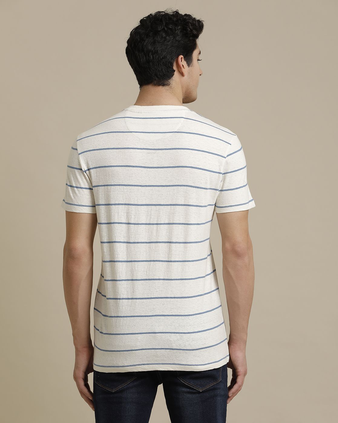 Linen Club Circular Knit Crew Neck Blue Striped Half Sleeve T-shirt for Men