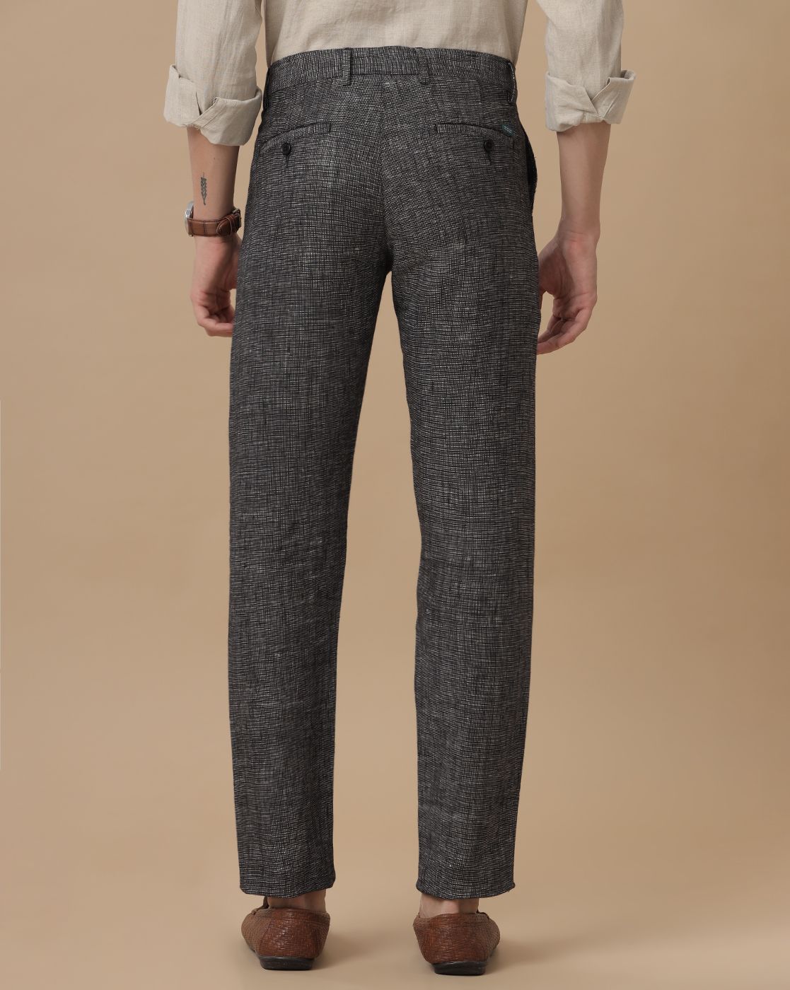 Mens Linen Grey Solid Contemporary Fit Casual Trousers
