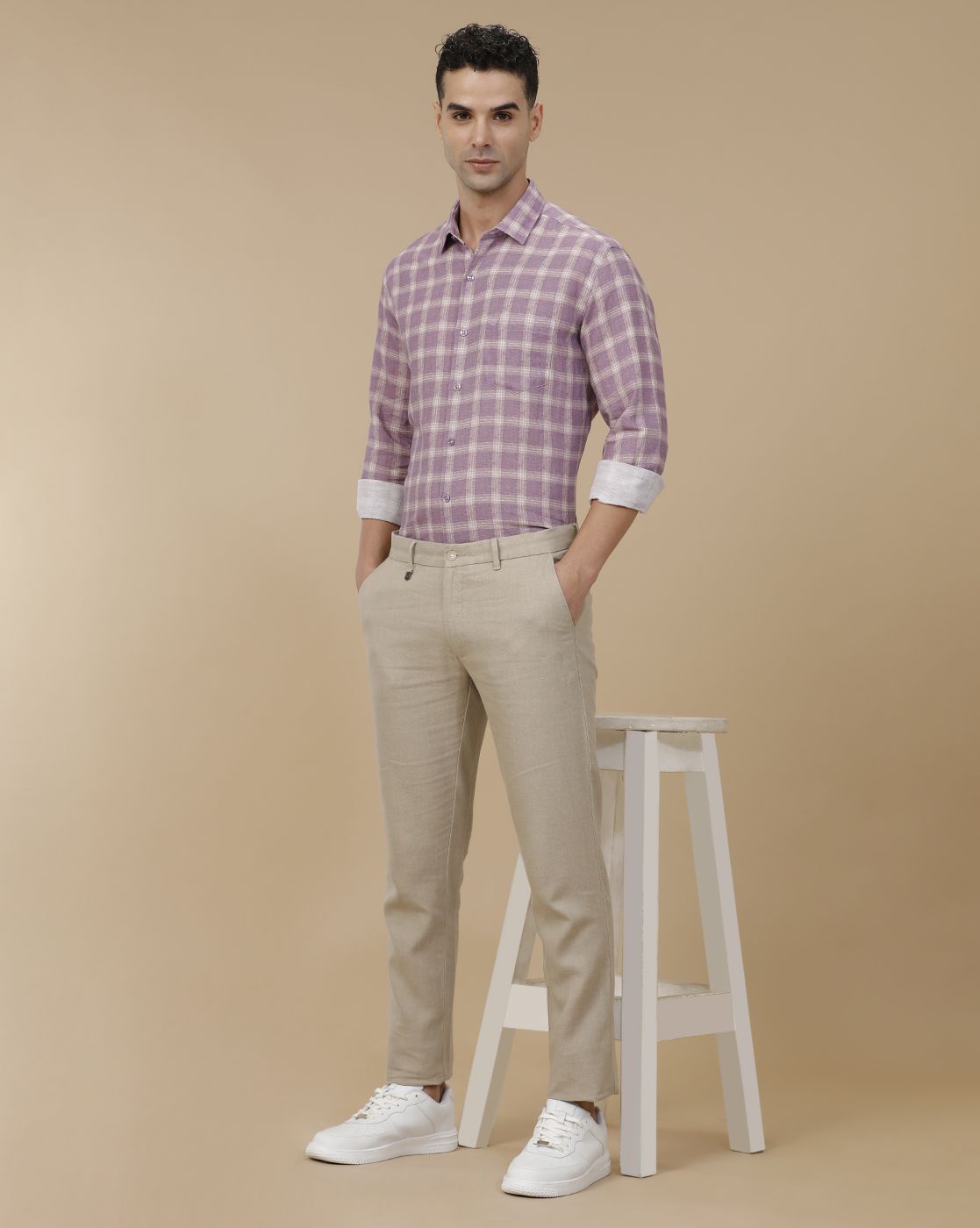 Linen Club Men's Linen Beige Chambray Contemporary Fit Casual Trouser