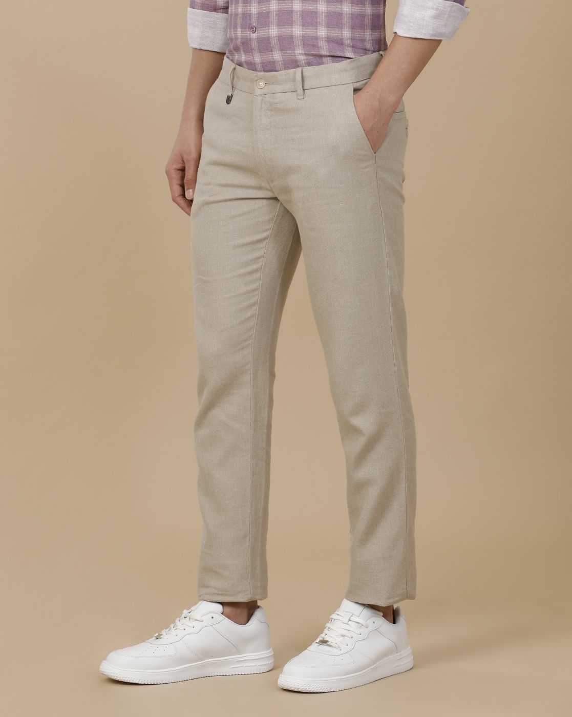 Linen Club Men's Linen Beige Chambray Contemporary Fit Casual Trouser