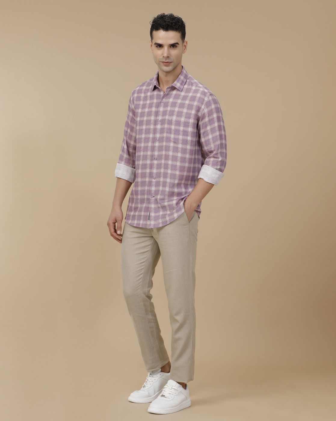 Linen Club Men's Linen Beige Chambray Contemporary Fit Casual Trouser