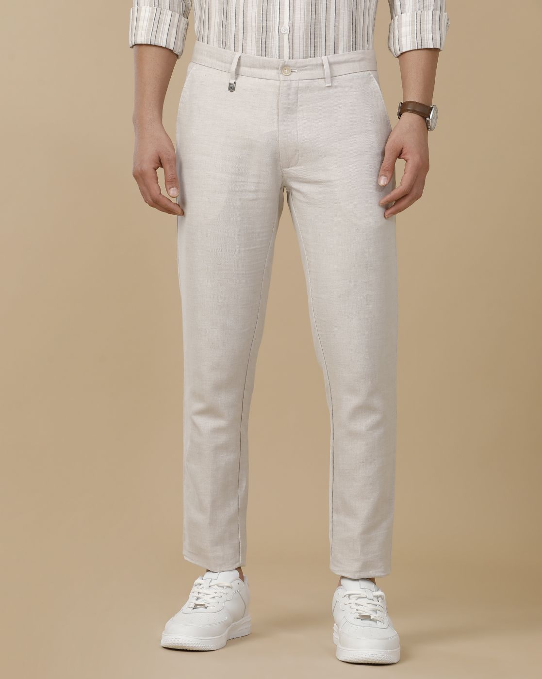 Linen Club Men's Linen Beige Chambray Contemporary Fit Casual Trouser