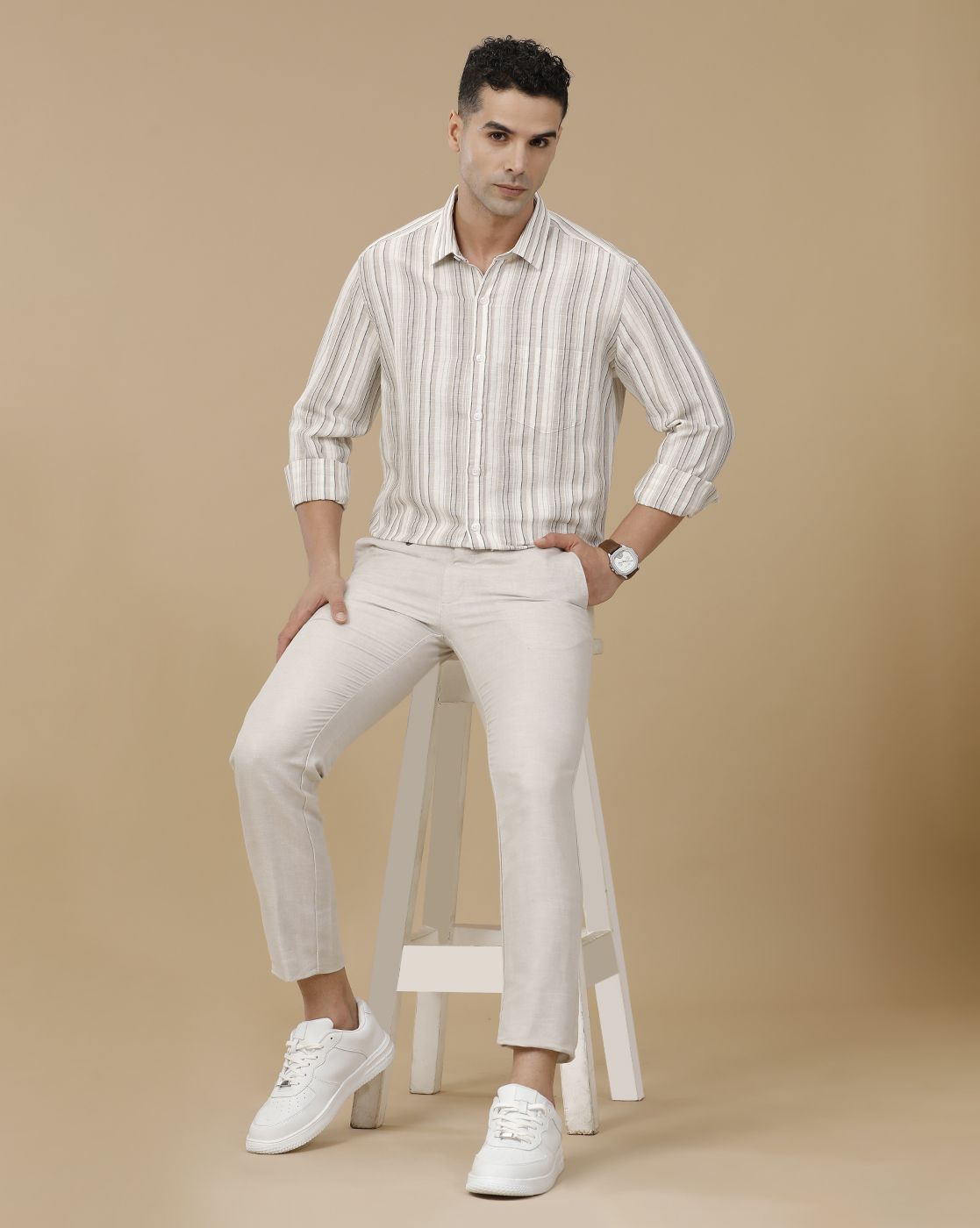 Linen Club Men's Linen Beige Chambray Contemporary Fit Casual Trouser