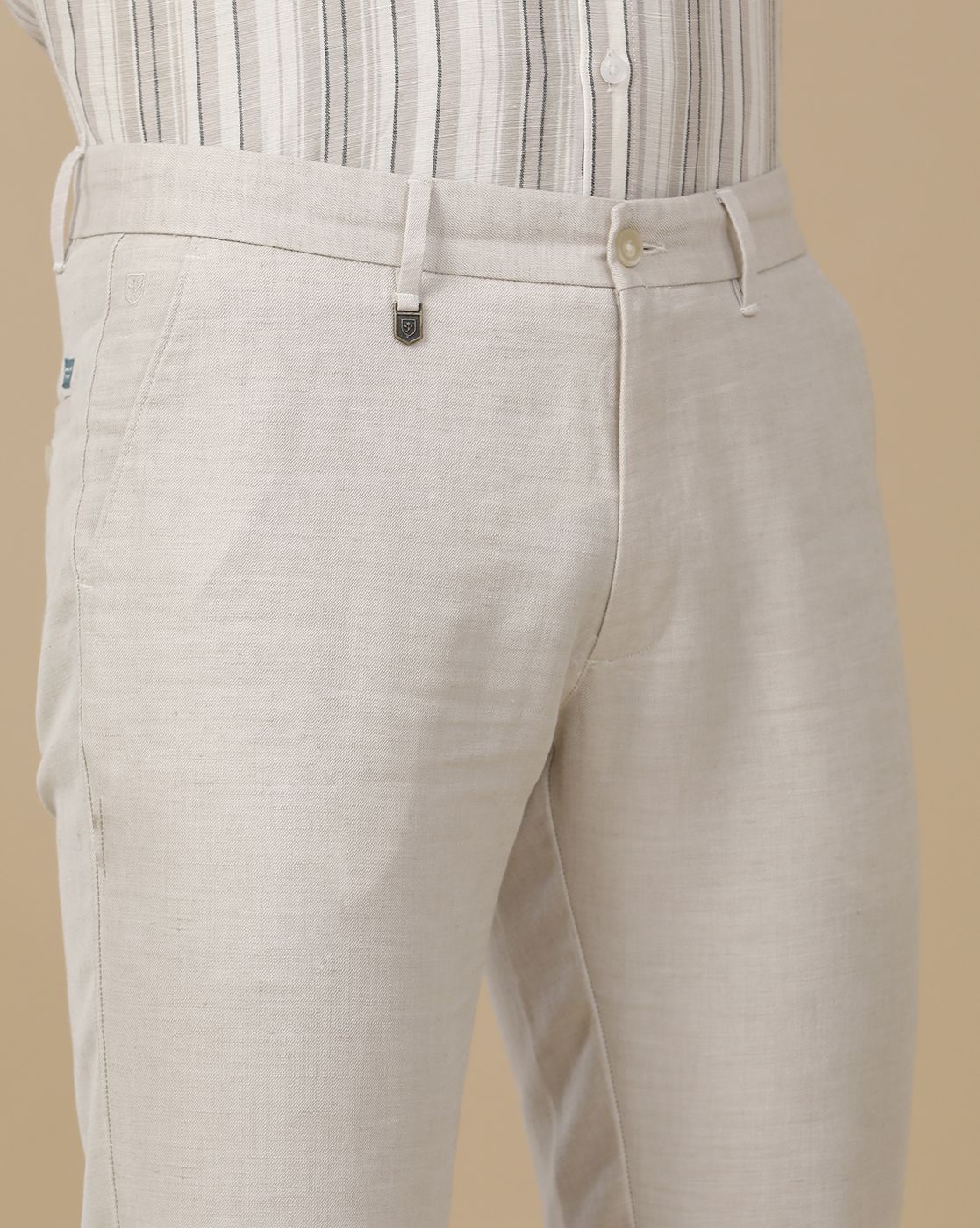 Linen Club Men's Linen Beige Chambray Contemporary Fit Casual Trouser