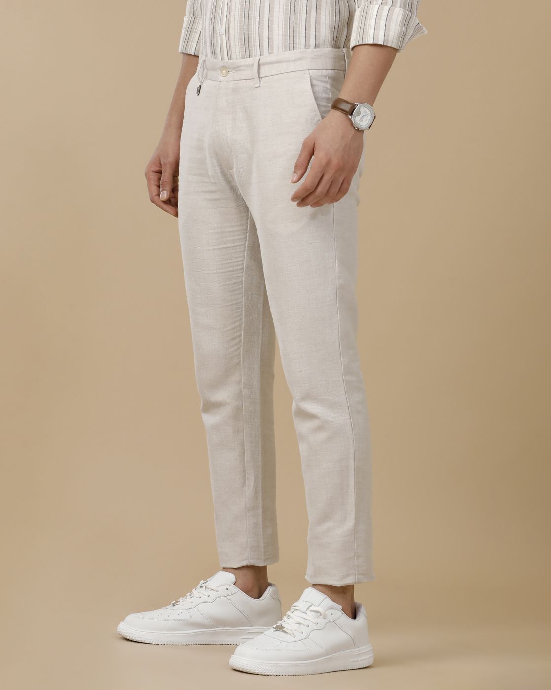 Linen Club Men's Linen Beige Chambray Contemporary Fit Casual Trouser