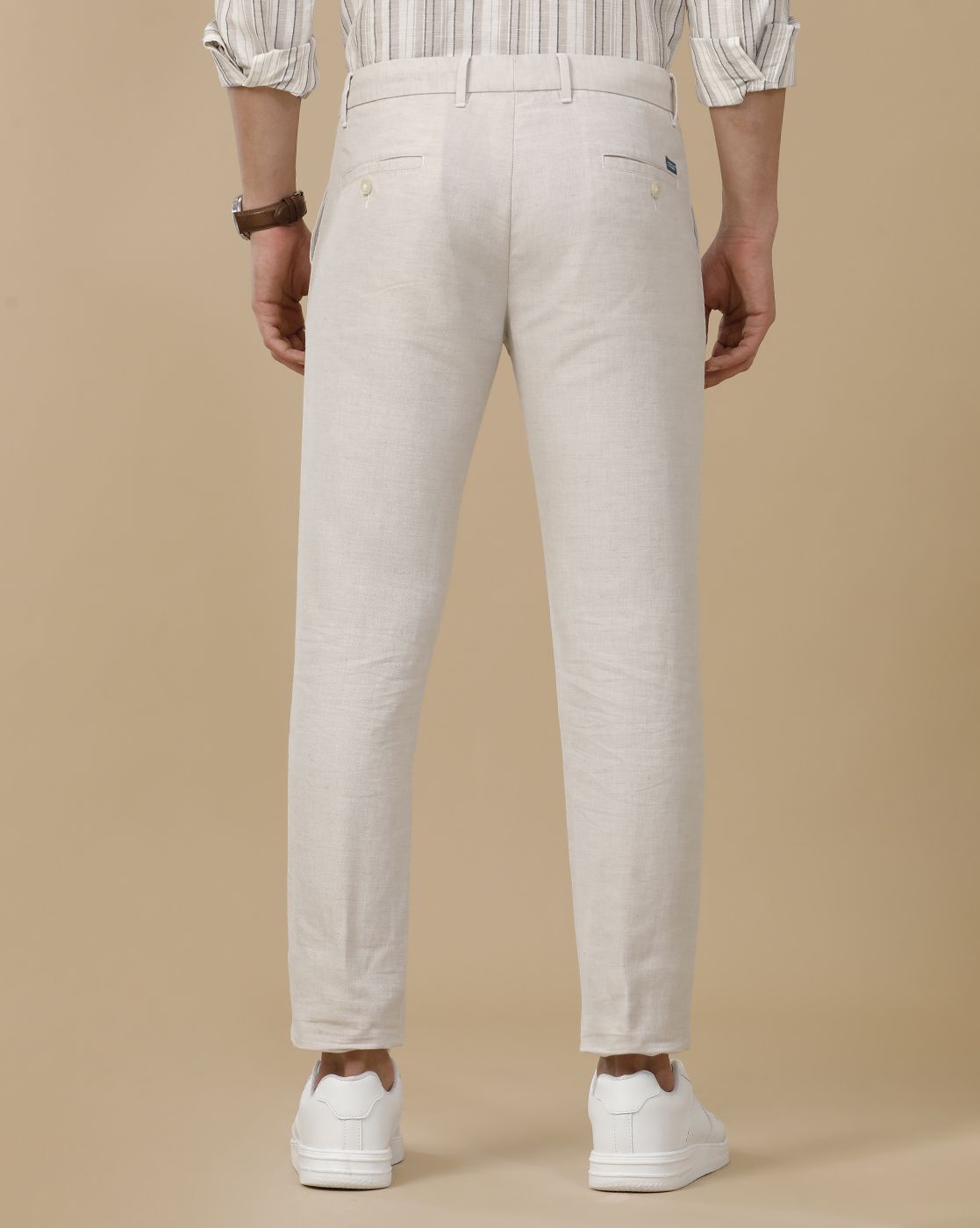 Linen Club Men's Linen Beige Chambray Contemporary Fit Casual Trouser