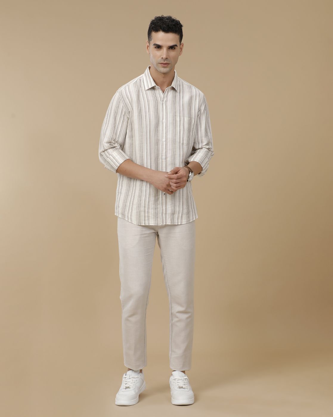 Linen Club Men's Linen Beige Chambray Contemporary Fit Casual Trouser