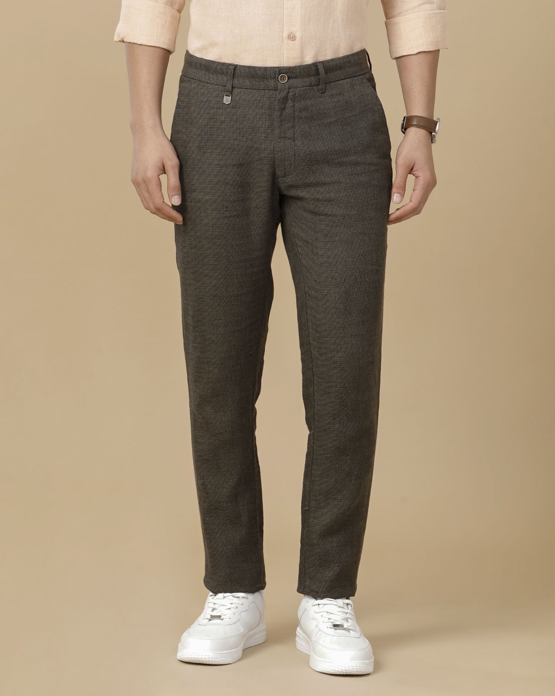 Linen Club Men's Linen Brown Checked Contemporary Fit Casual Trouser