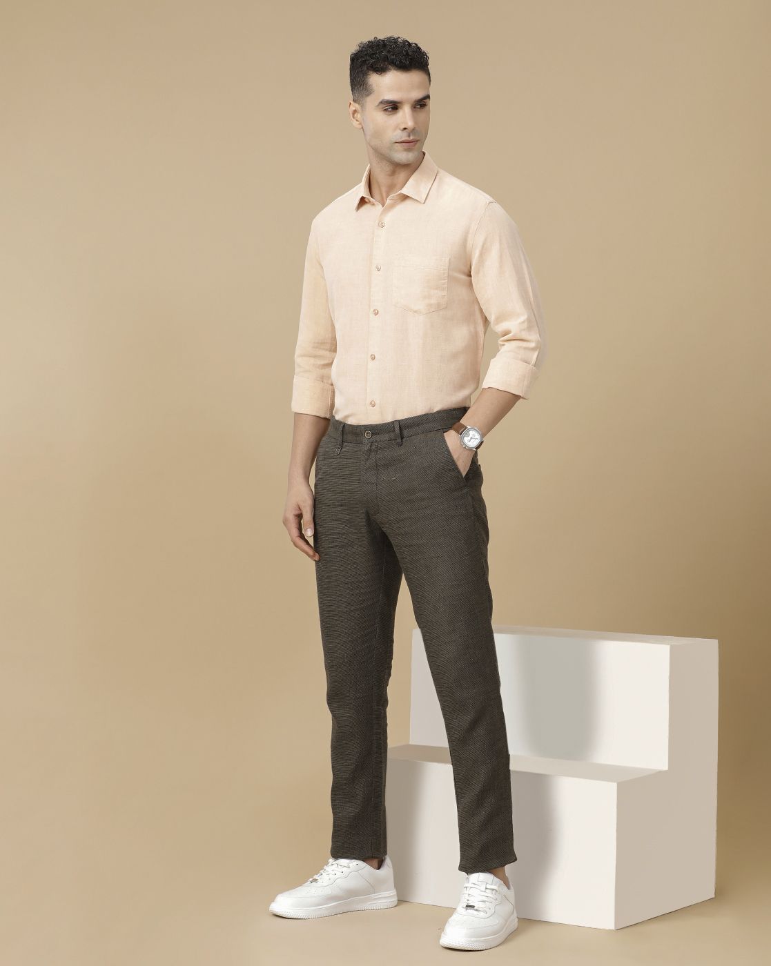 Linen Club Men's Linen Brown Checked Contemporary Fit Casual Trouser