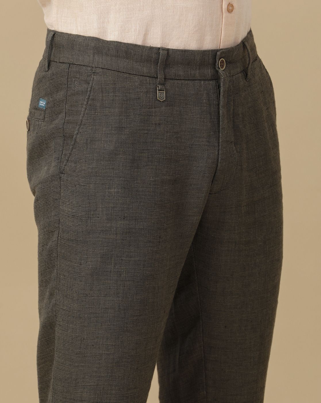 Linen Club Men's Linen Brown Checked Contemporary Fit Casual Trouser