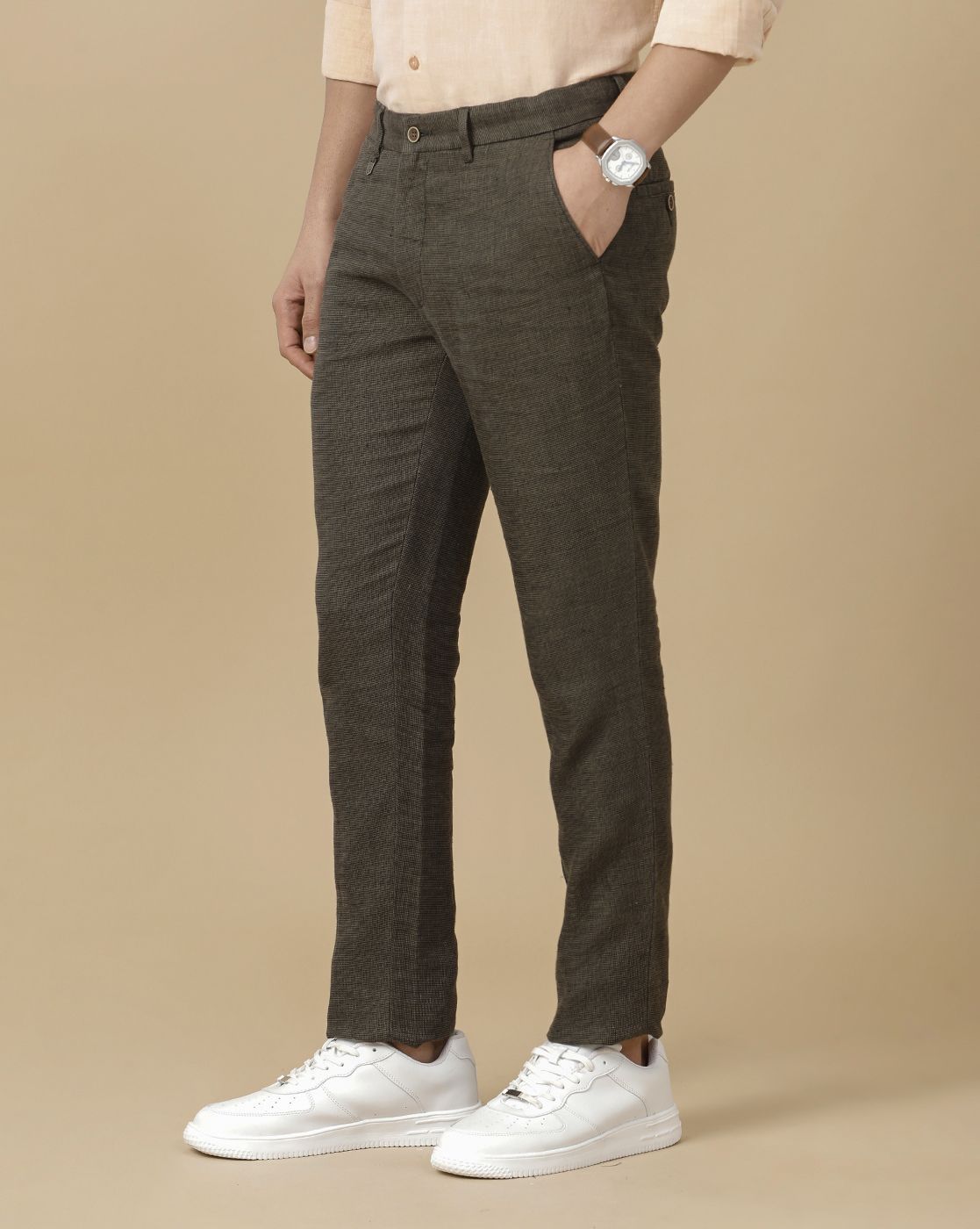 Linen Club Men's Linen Brown Checked Contemporary Fit Casual Trouser