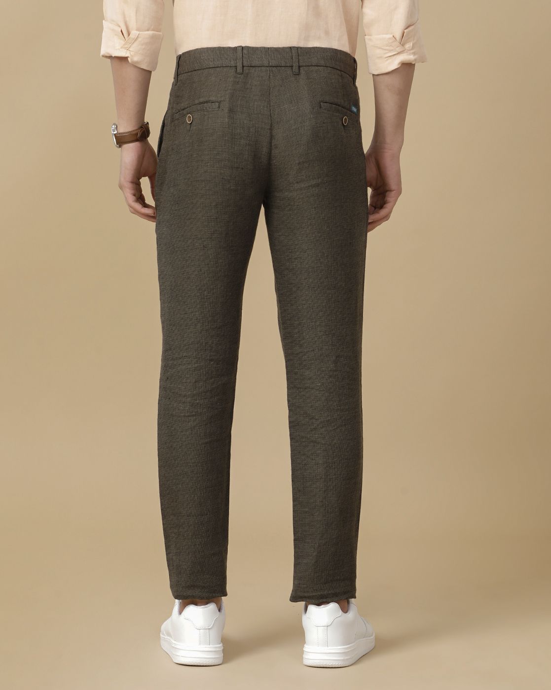 Linen Club Men's Linen Brown Checked Contemporary Fit Casual Trouser