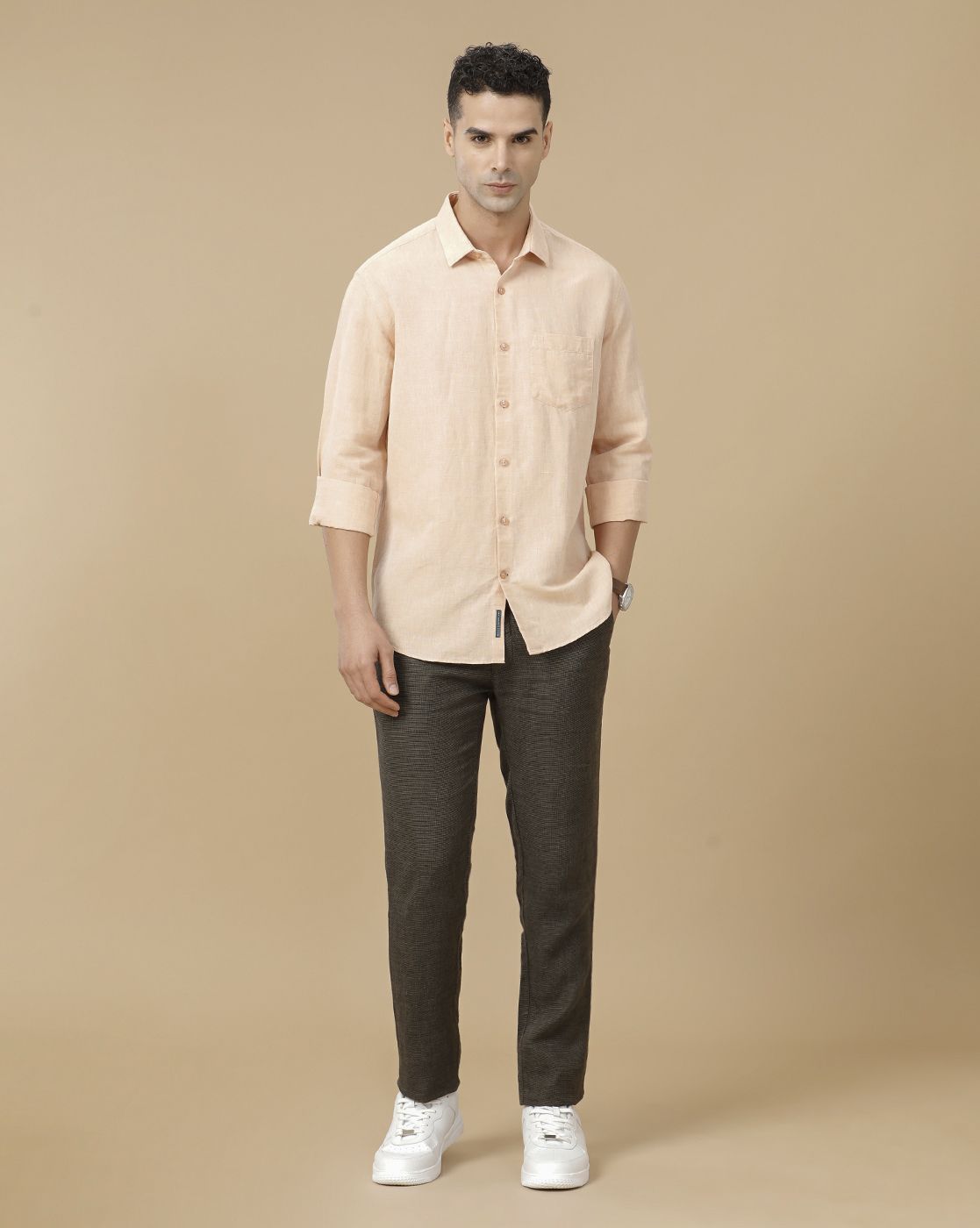 Linen Club Men's Linen Brown Checked Contemporary Fit Casual Trouser