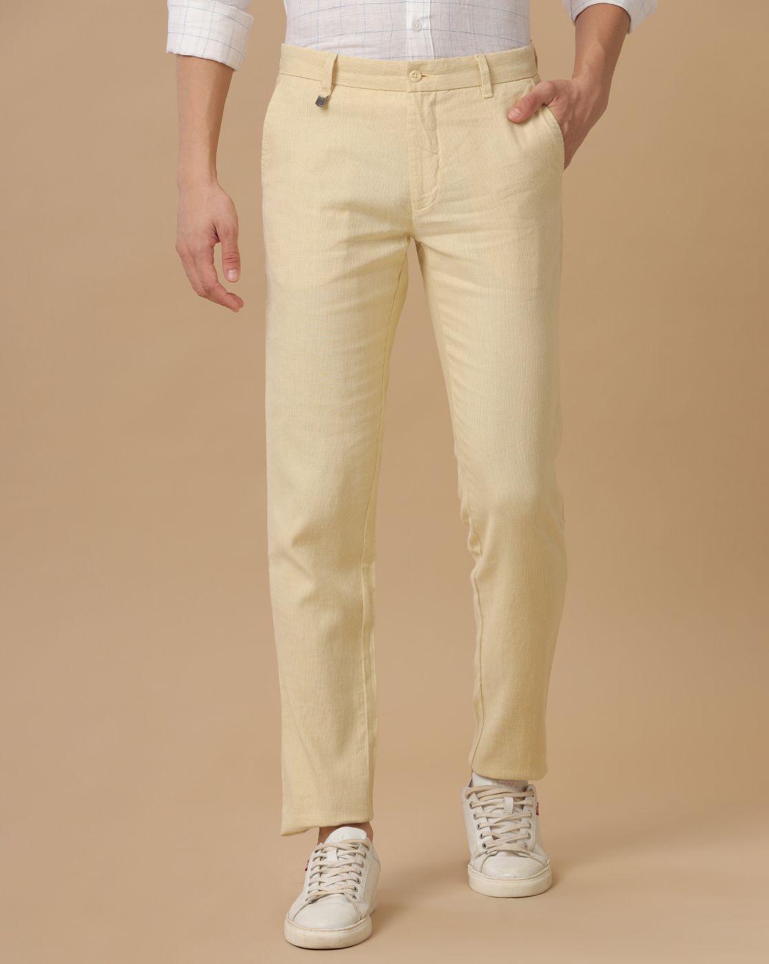 Linen Club Pure Linen Yellow Solid Casual Trouser For Men