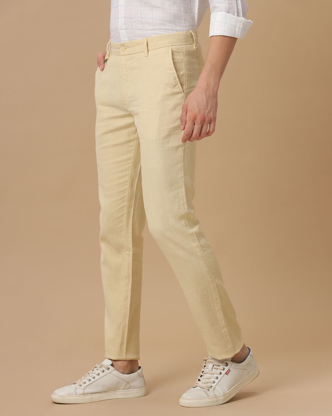 Linen Club Pure Linen Yellow Solid Casual Trouser For Men