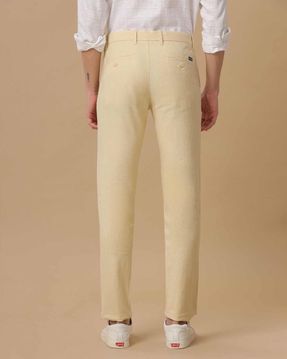 Linen Club Pure Linen Yellow Solid Casual Trouser For Men