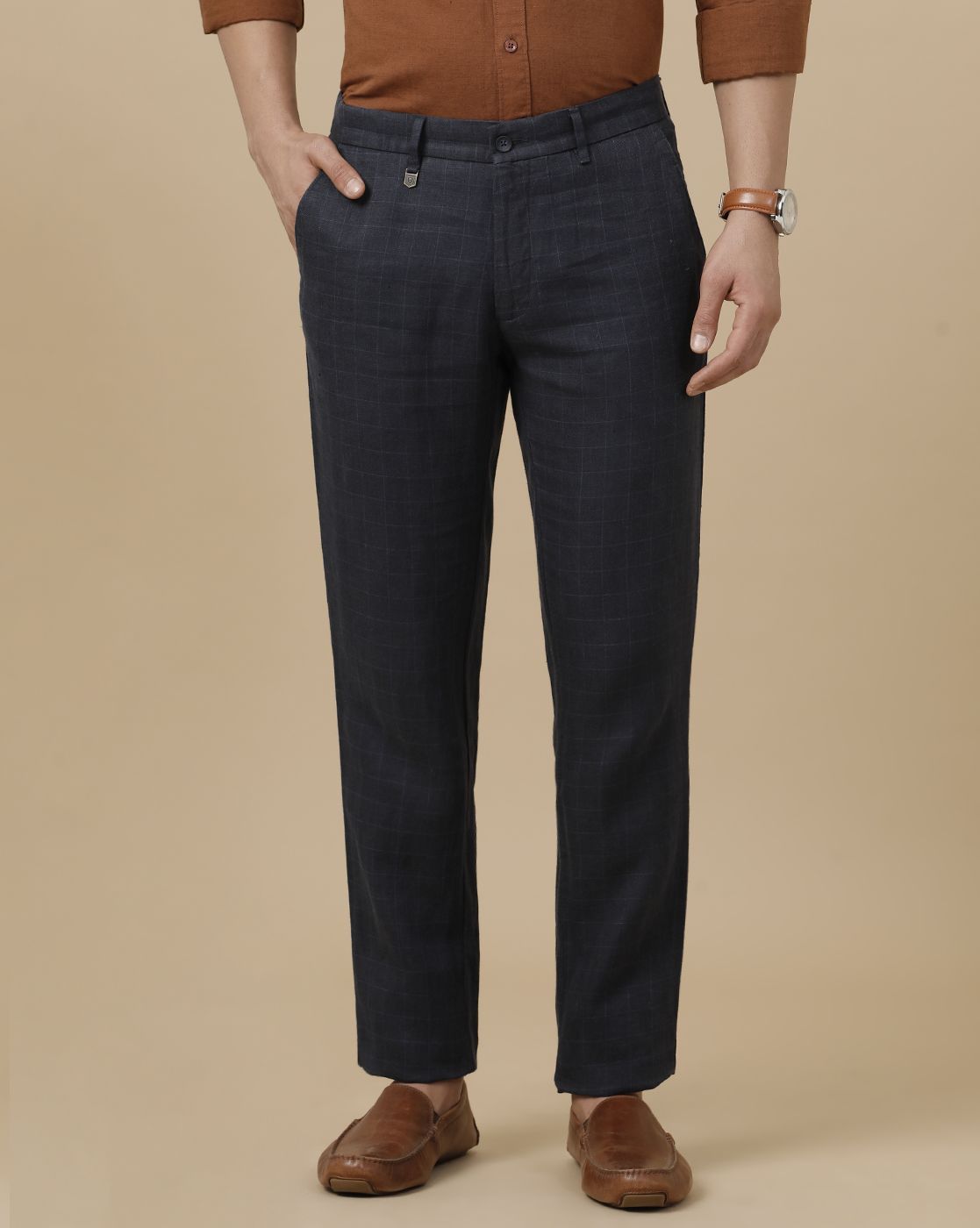 Linen Club Men's Linen Blue Checked Contemporary Fit Casual Trouser