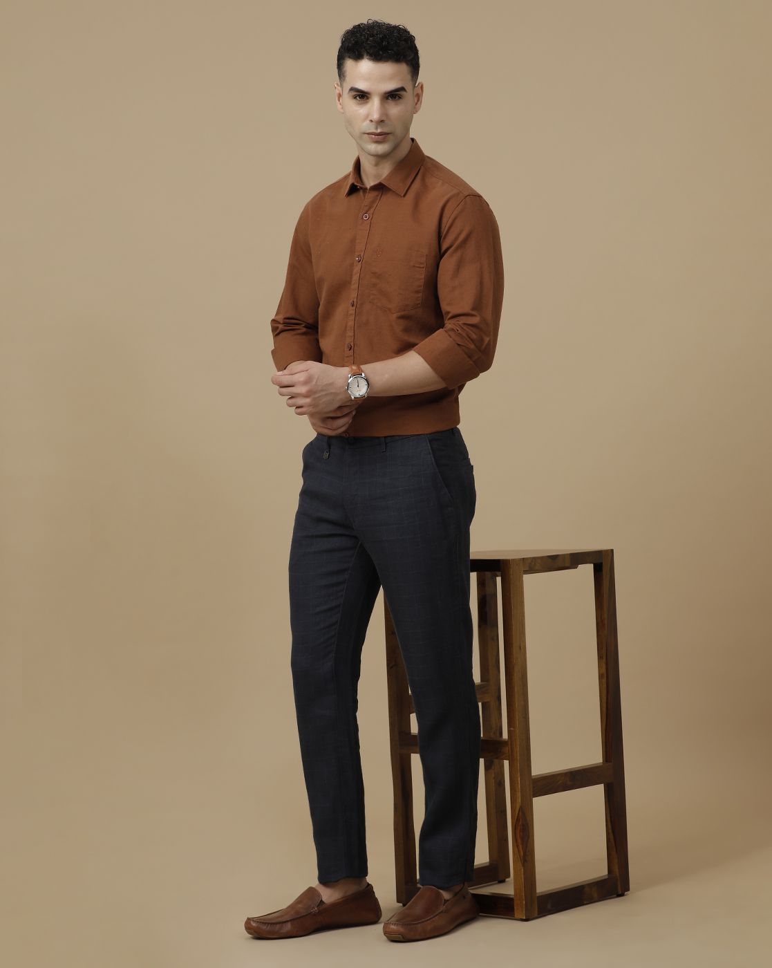 Linen Club Men's Linen Blue Checked Contemporary Fit Casual Trouser