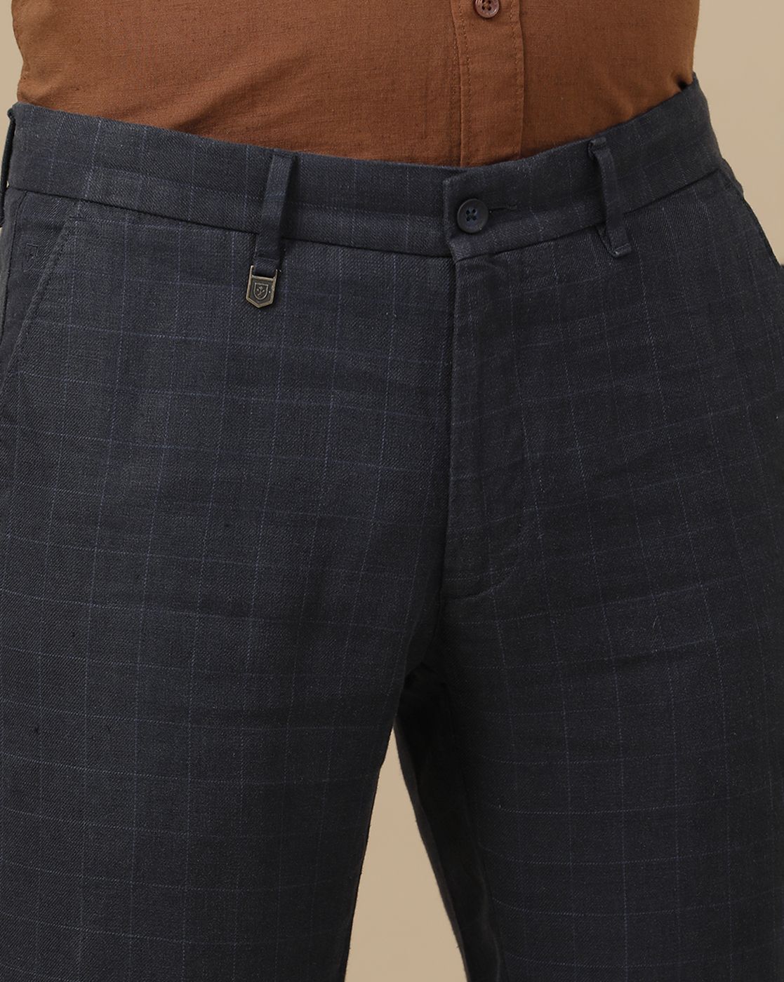 Linen Club Men's Linen Blue Checked Contemporary Fit Casual Trouser