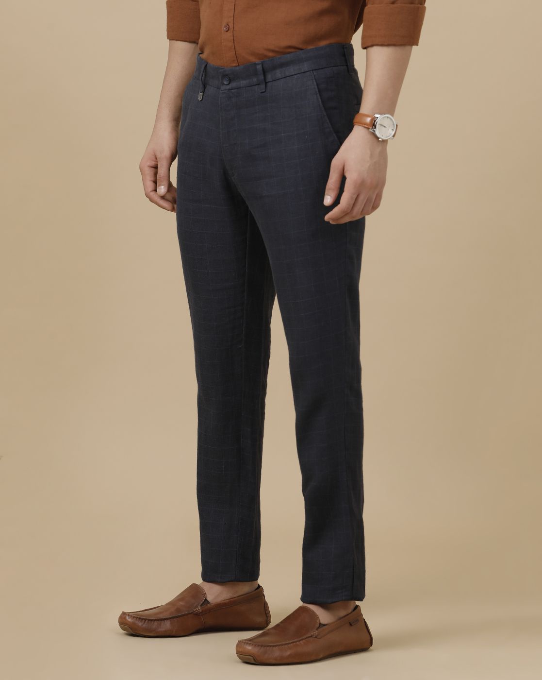 Linen Club Men's Linen Blue Checked Contemporary Fit Casual Trouser