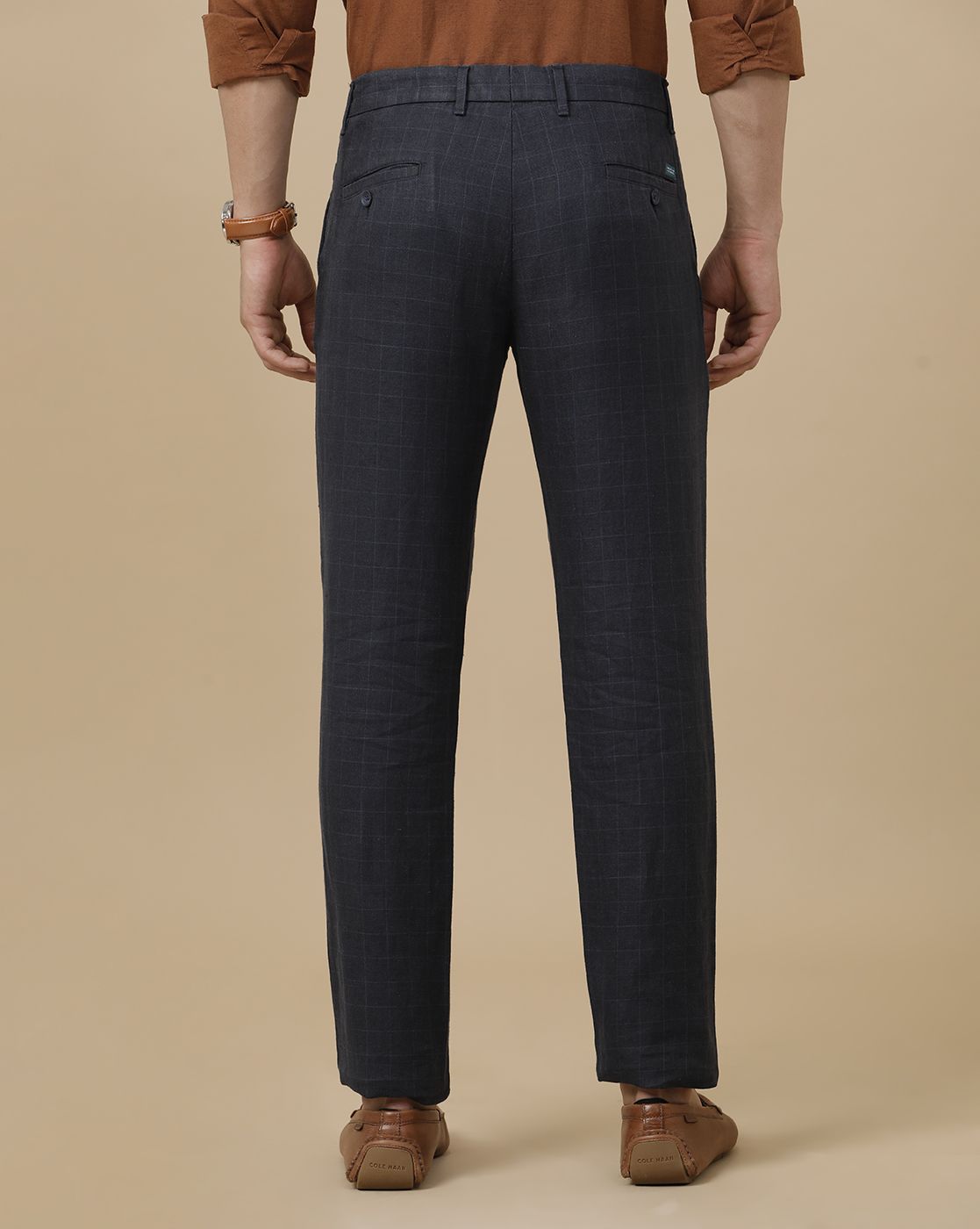 Linen Club Men's Linen Blue Checked Contemporary Fit Casual Trouser