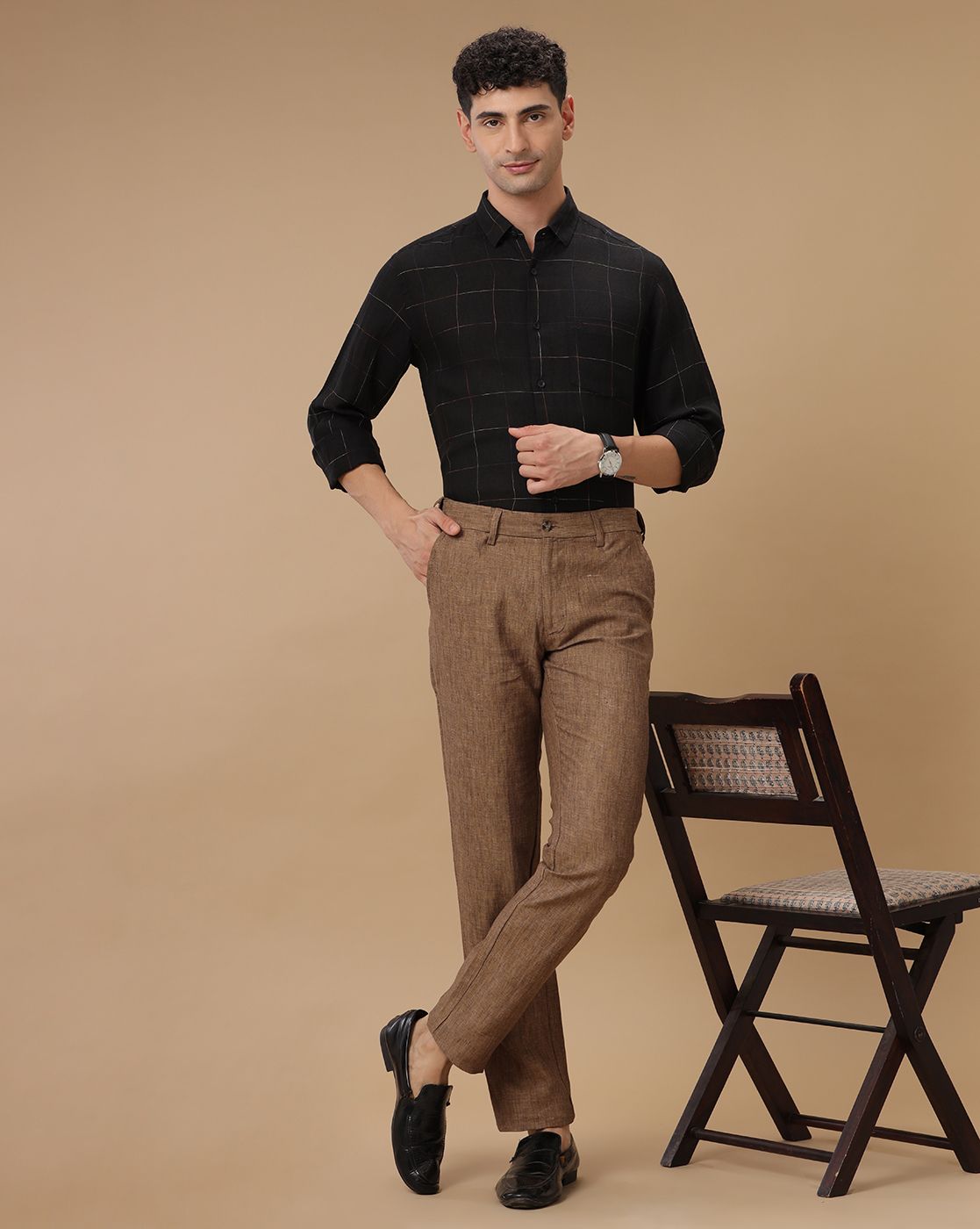 Linen Club Pure Linen Adjustable Waist Brown Solid Casual Trouser For Men