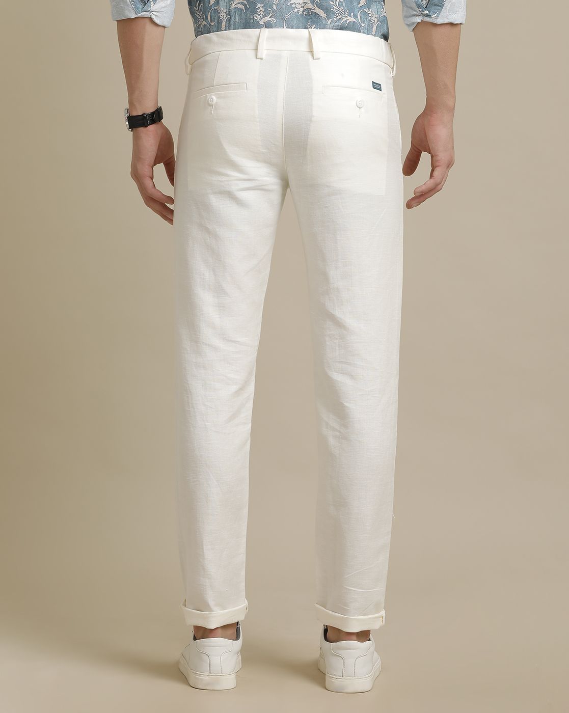 Linen Club Off White Solid  Adjustable Waist Trouser for men