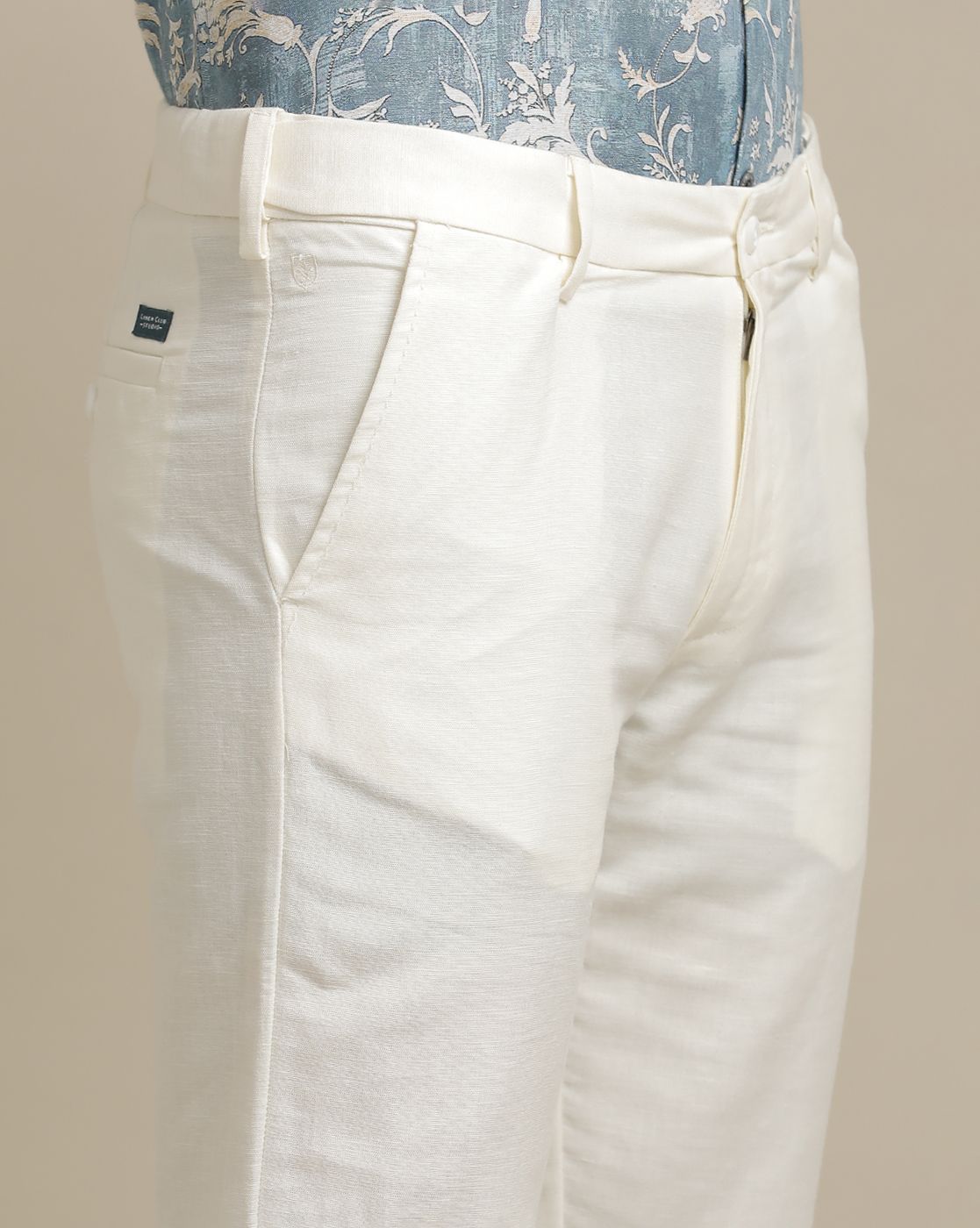 Linen Club Off White Solid  Adjustable Waist Trouser for men