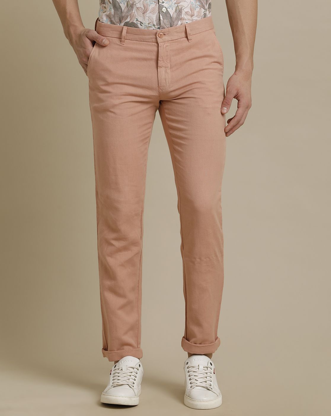 Linen Club Peach Solid  Adjustable Waist Trouser for men