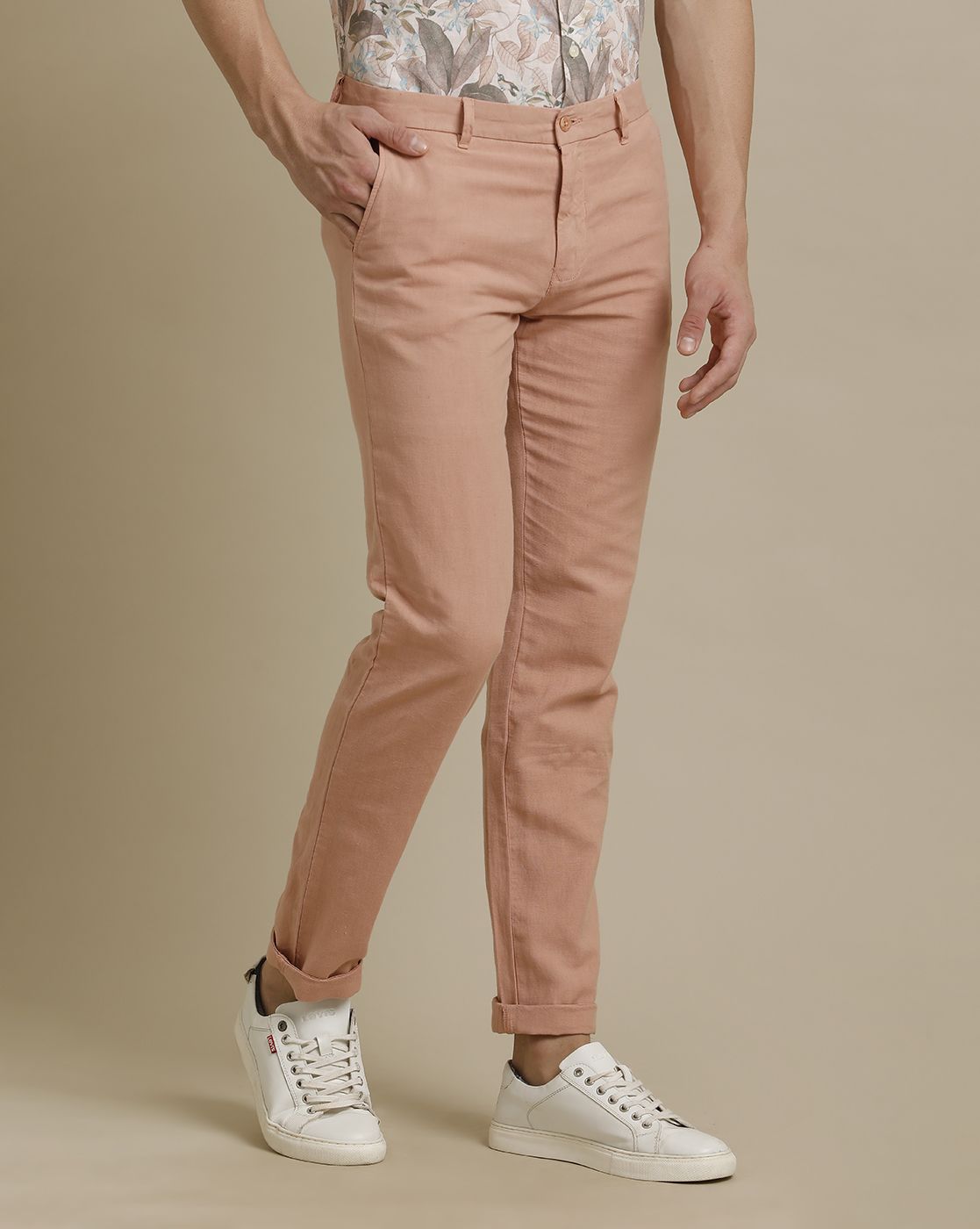 Linen Club Peach Solid  Adjustable Waist Trouser for men