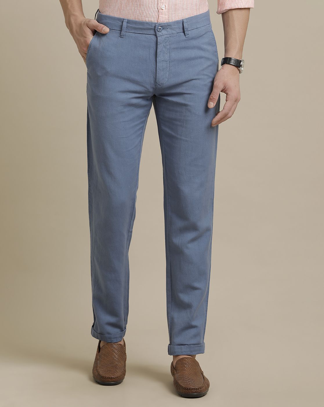 Linen Club Blue Solid  Adjustable Waist Trouser for men