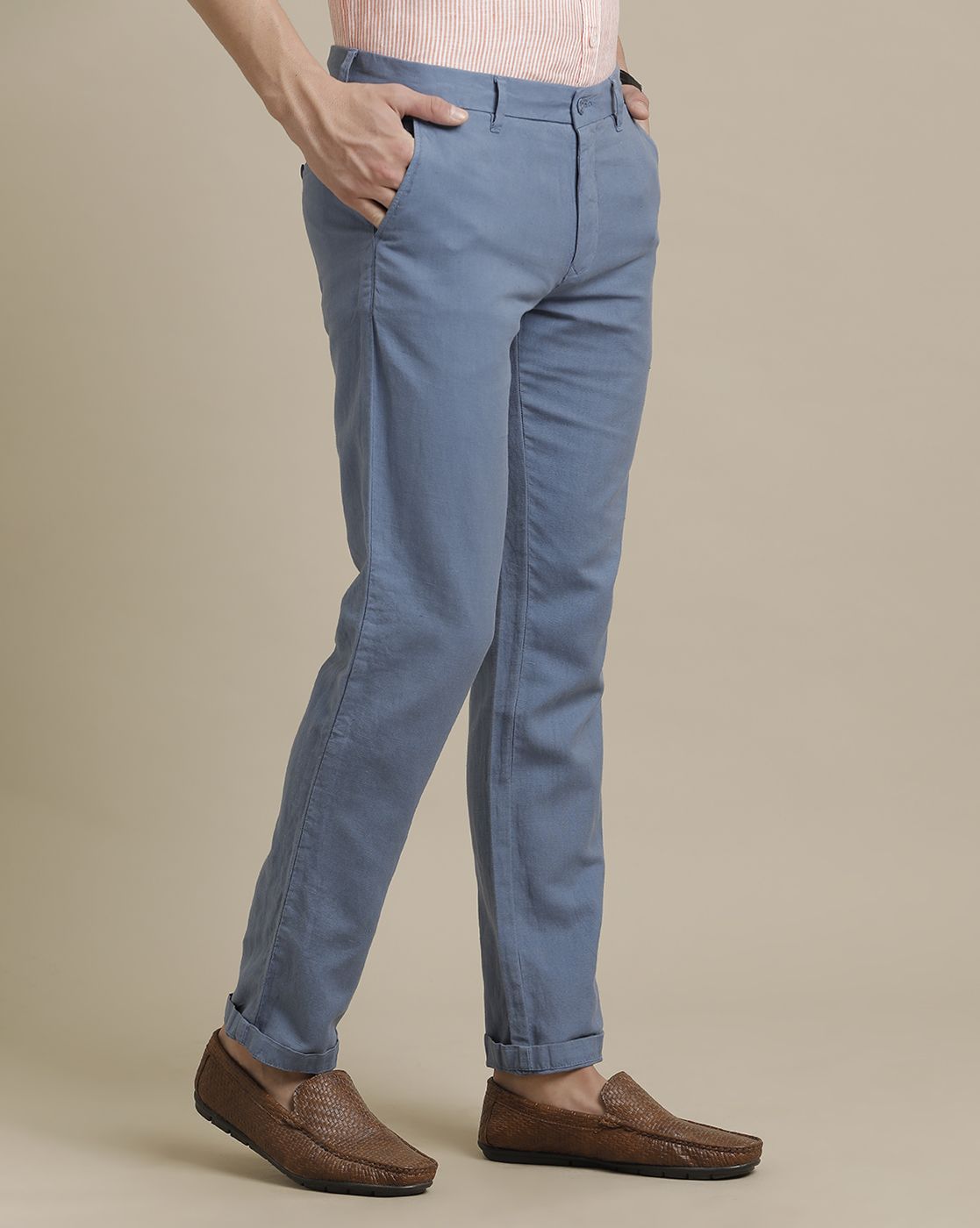 Linen Club Blue Solid  Adjustable Waist Trouser for men