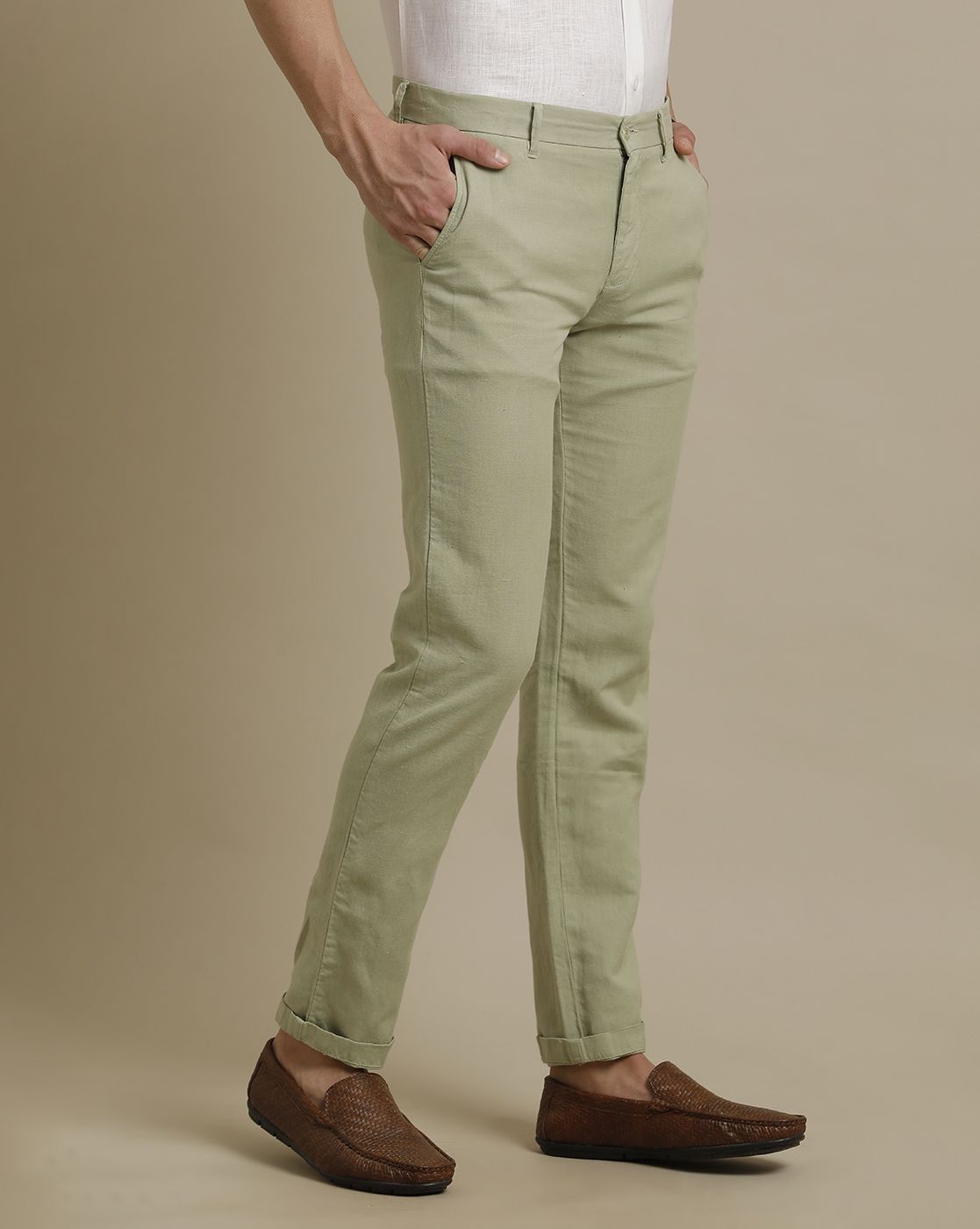 Linen Club Green Solid  Adjustable Waist Trouser for men