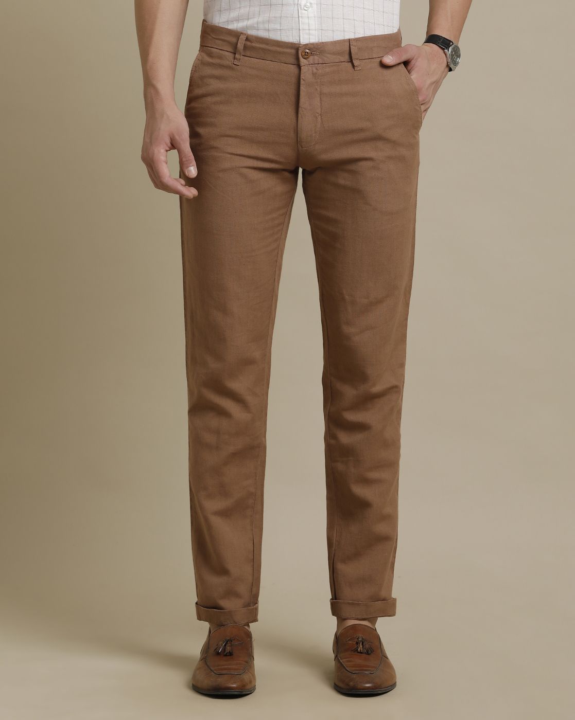 Linen Club Brown Solid  Adjustable Waist Trouser for men