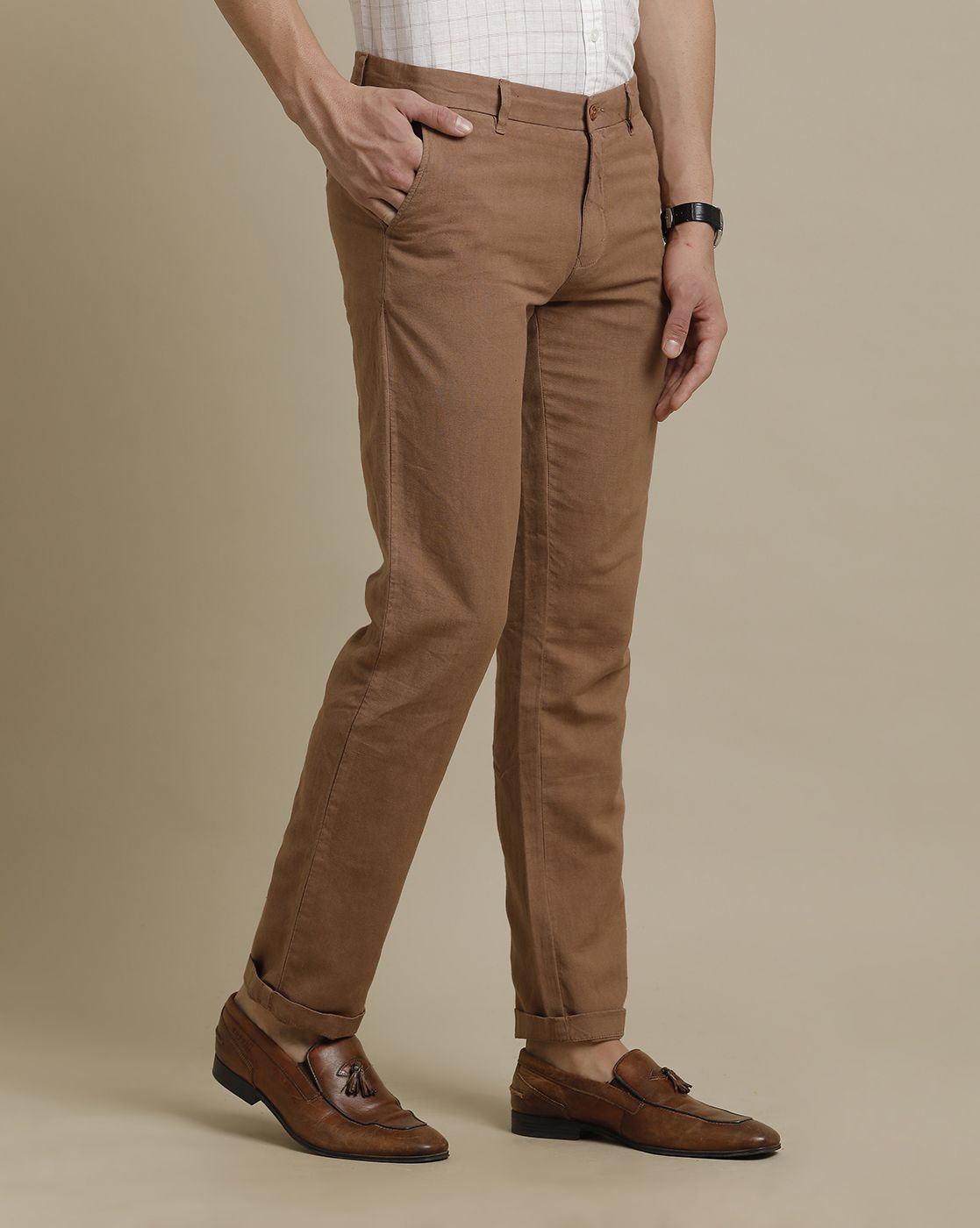 Linen Club Brown Solid  Adjustable Waist Trouser for men