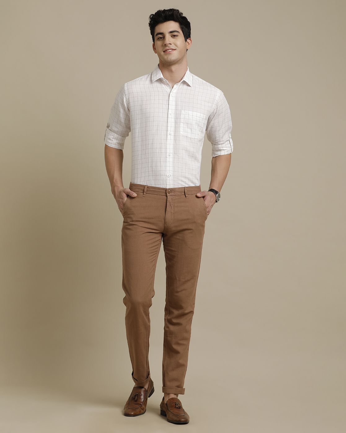 Linen Club Brown Solid  Adjustable Waist Trouser for men