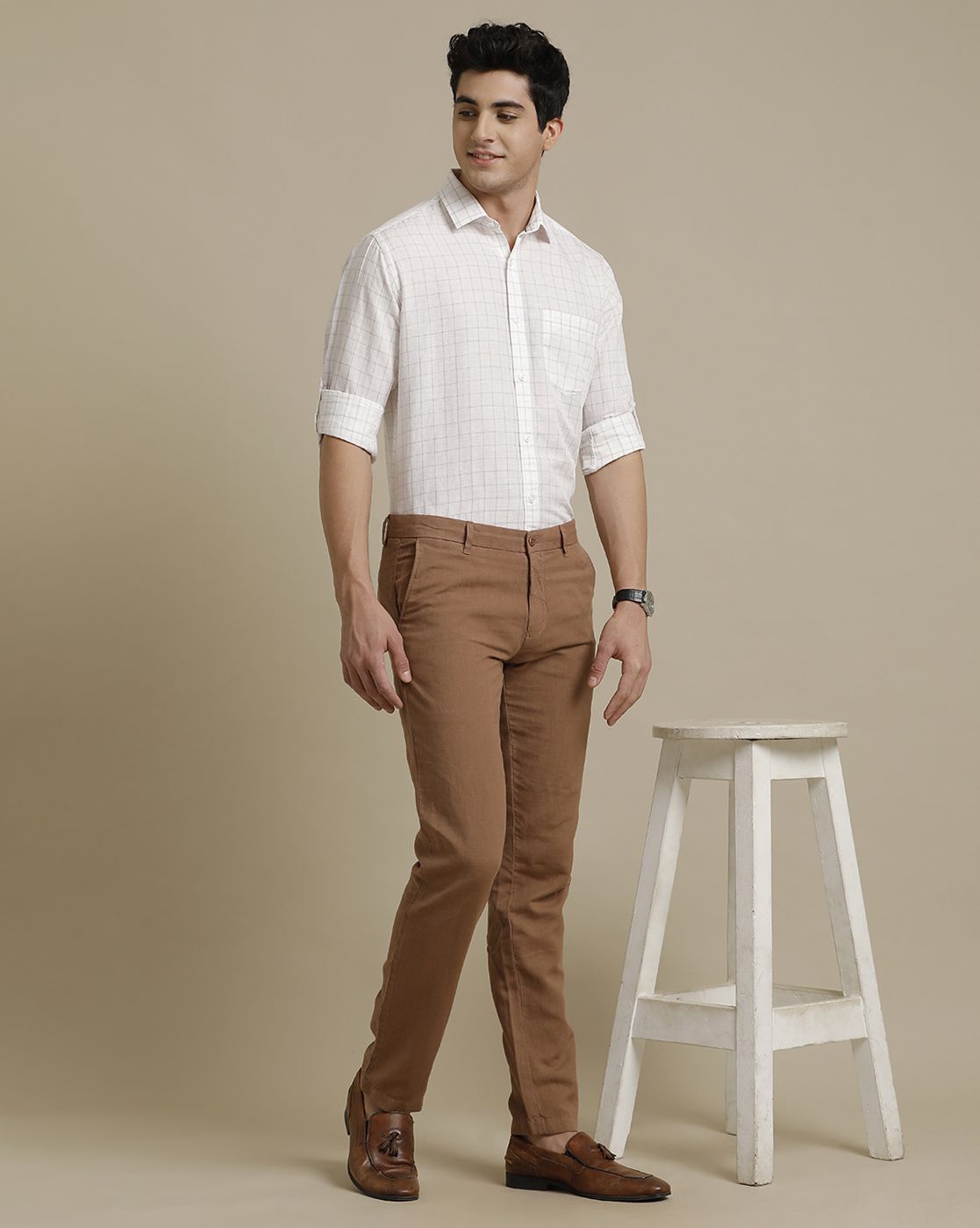 Linen Club Brown Solid  Adjustable Waist Trouser for men