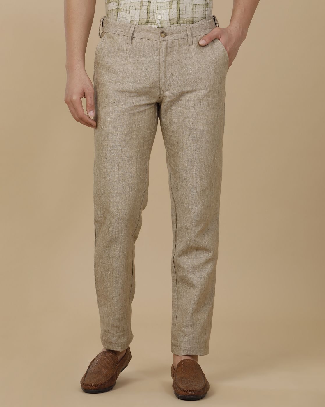 Linen Club Men's Linen Beige Solid Contemporary Fit Casual Trouser